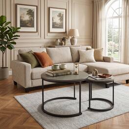 WELLFOR - Nesting Coffee Table Set of 2, Round Nesting Tables for Small Place, End Side Tables with Metal Frame - Oak