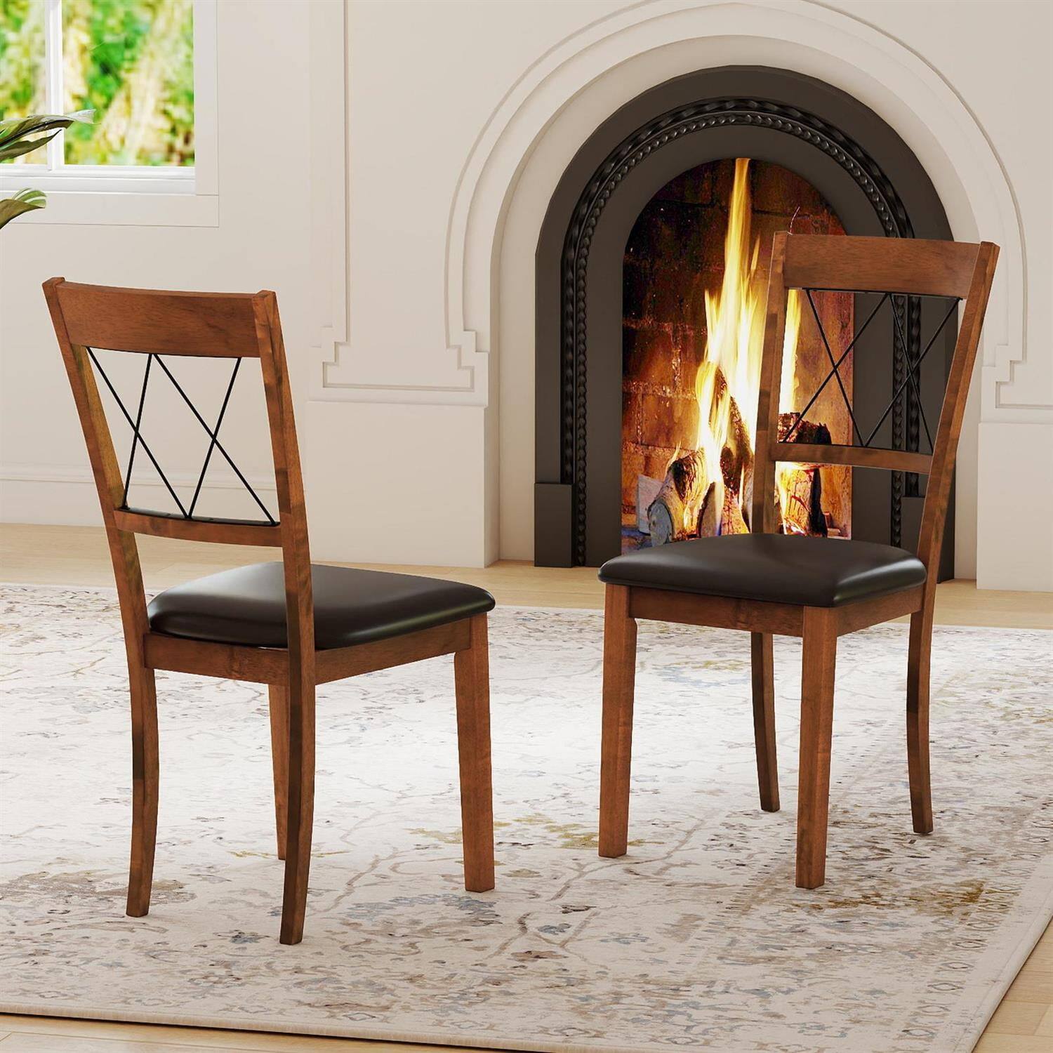 Left. Pefilos - Set of 2 Dining Chairs,Fabric Upholstered Padded Seat,Rubber Wood Frame,Walnut - Brown.