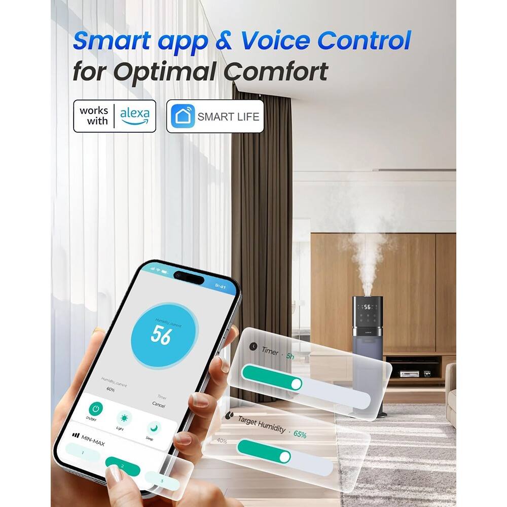 Smart app & Voice Control for Optimal Comfort

works with alexa SMART LIFE

Humidity: 56%

Timer: 5h

Target Humidity: 65%

MIN-MAX: 40%