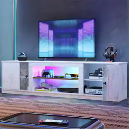 Pinmoco - 70 inch TV Stand for Up To 80 inches TVs with LED Lights Cabinets and Adjustable Shelves - White Marble