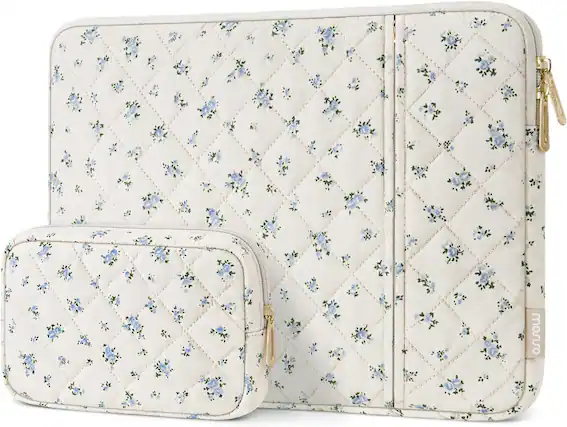 Front. mosiso - Floral Puffy Laptop Sleeve 13.3 Inch, Vertical Laptop Carrying Bag with Small Case for MacBook Air 13.6/Pro 13 14/Neo 13 - Blue.