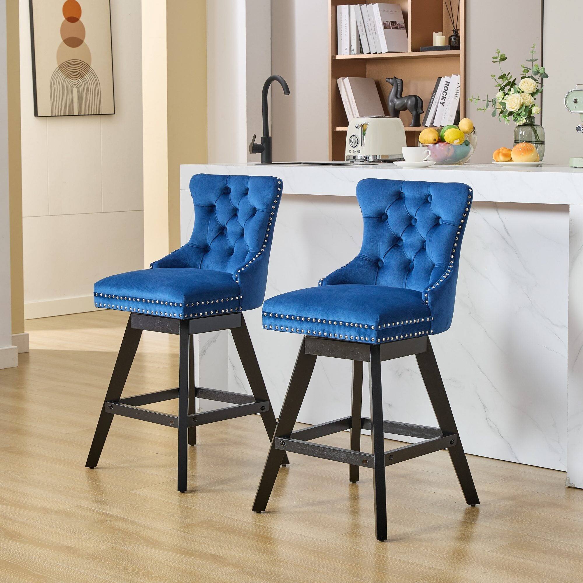 Alt View 9. Boyel Living - Swivel Velvet Bar Stools Set of 2 with Button Tufted Back - Blue.
