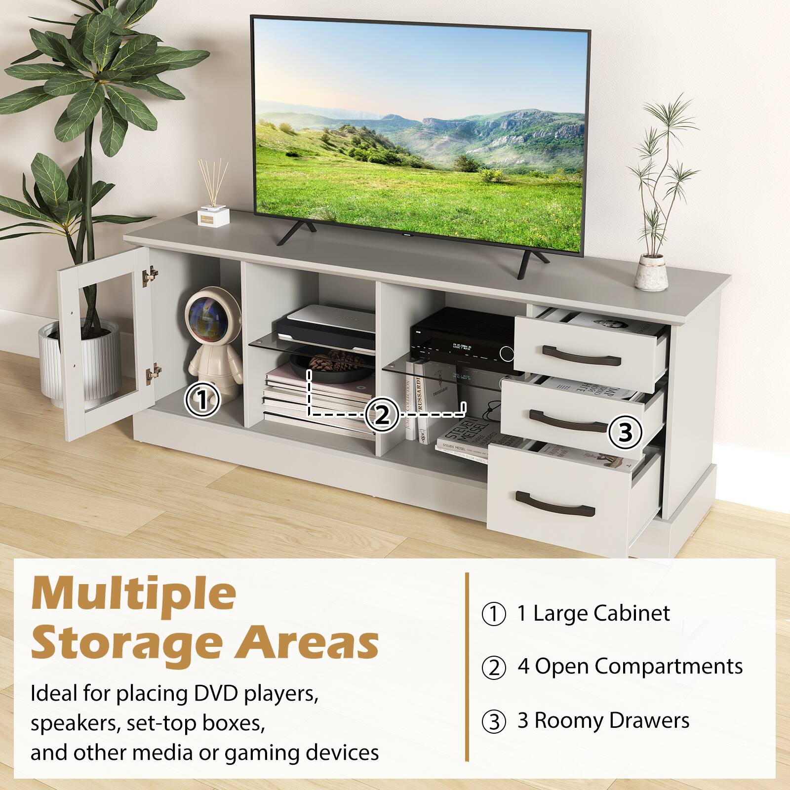 Multiple Storage Areas  
Ideal for placing DVD players, speakers, set-top boxes, and other media or gaming devices  

1 Large Cabinet  
2 4 Open Compartments  
3 3 Roomy Drawers