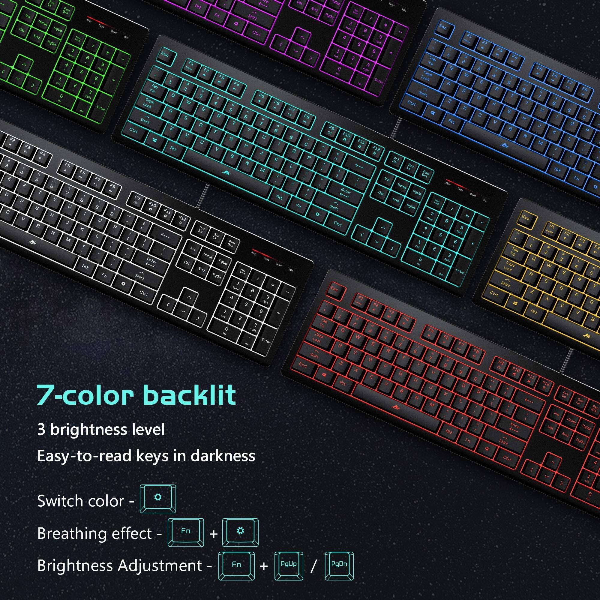 7-color backlit  
3 brightness level  
Easy-to-read keys in darkness  

Switch color - PgDn  
Breathing effect - Fn +  
Brightness Adjustment - Fn + PgUp