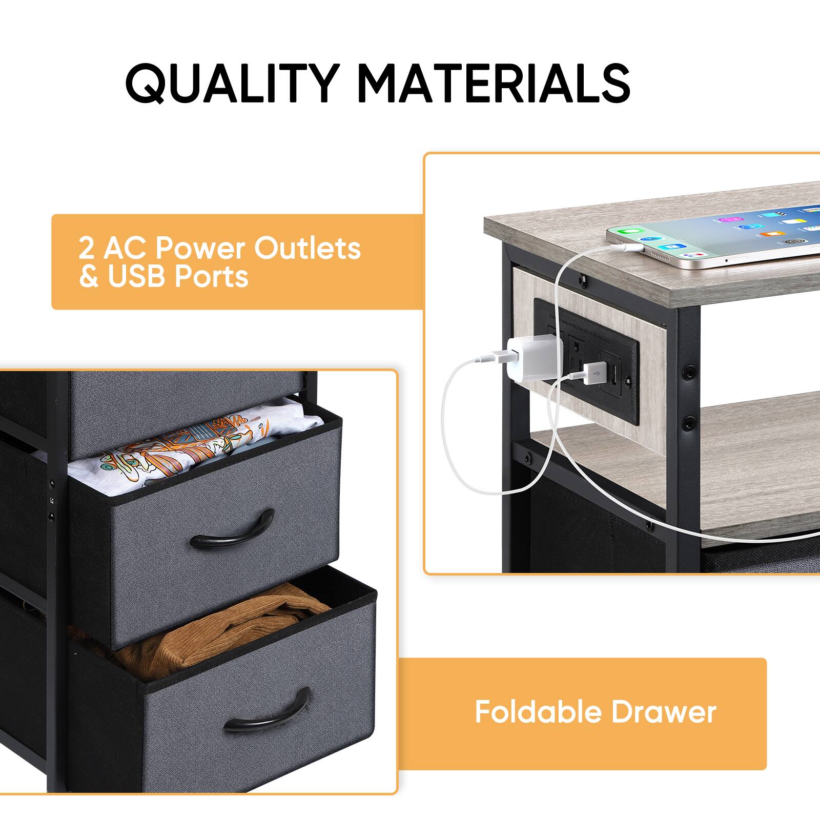 QUALITY MATERIALS

2 AC Power Outlets & USB Ports

Foldable Drawer