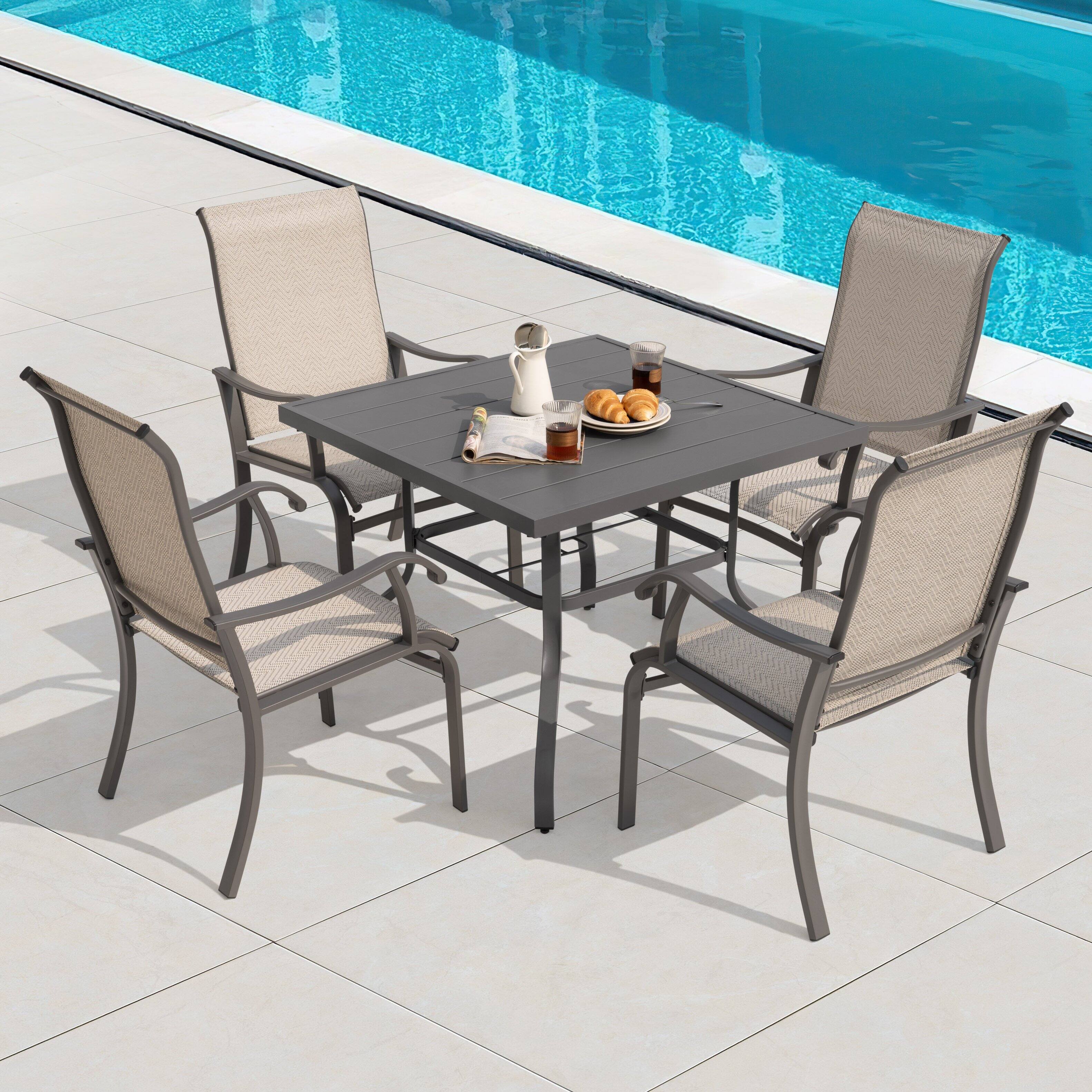 Alt View 6. Nuu Garden - Patio Metal Textilene Dining Set of 5 with Umbrella Hole and High Backrest - Beige and Gray.