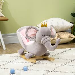 Whisen - Plush Elephant Rocking Horse for Toddlers with Music,Safety Belt and Wood Base - Gray