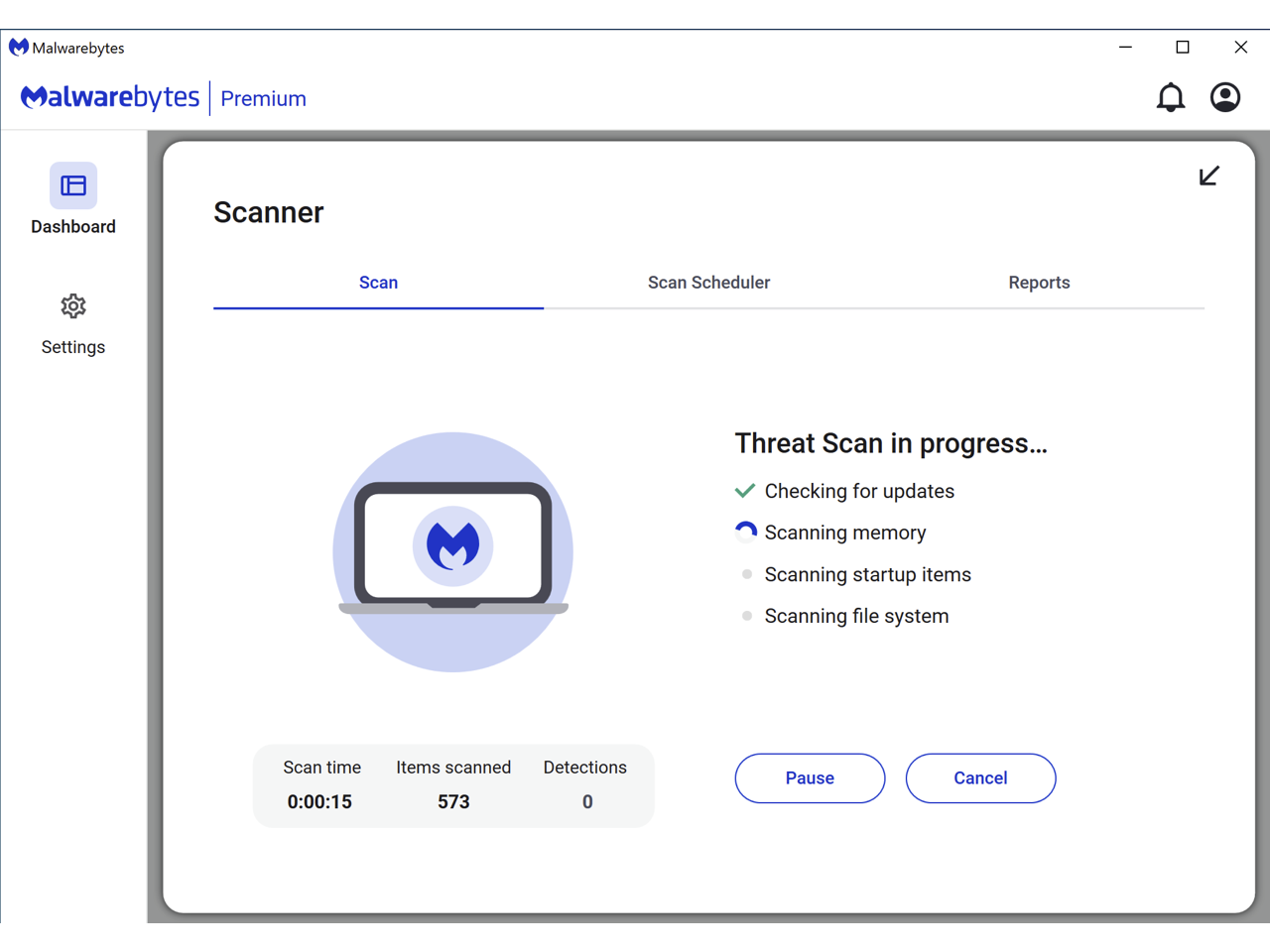 Malwarebytes Premium  
Dashboard  
Scanner  
Scan Scheduler  
Reports  
Settings  

Threat Scan in progress...  
- Checking for updates  
- Scanning memory  
- Scanning startup items  
- Scanning file system  

Scan time: 0:00:15  
Items scanned: 573  
Detections: 0  

Pause Cancel