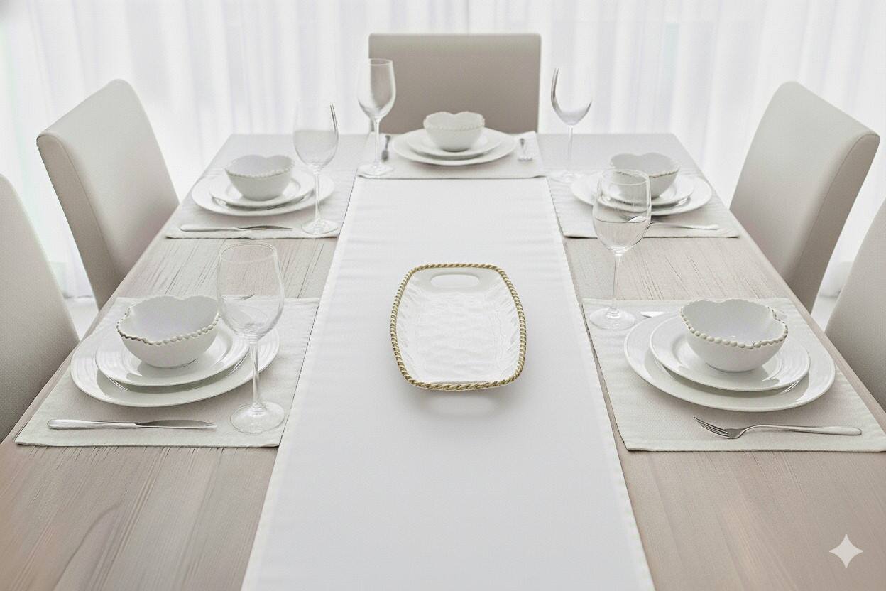 Left. Jiallo - 14" Contemporary Gold Rope Long Tray with Handles – Modern Decorative Serving Tray with Rope‑Style Rim - White.