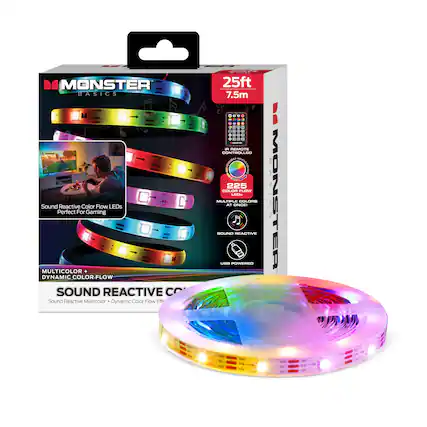 - MONSTER BASICS
- Sound Reactive Color Flow LEDs
- Perfect For Gaming
- MULTICOLOR + DYNAMIC COLOR-FLOW SOUND REACTIVE
- Sound Reactive Multicolor + Dynamic Color Flow Effect
- 25ft 7.5m
- 225 COLOR FLOW LEDs
- MULTICOLOR + DYNAMIC COLOR-FLOW SOUND REACTIVE CO
- USB POWERED
- IR REMOTE CONTROLLED
- 225 COLOR FLOW LEDs
- MULTIPLE COLORS IN ONE
- Perfect For Gaming