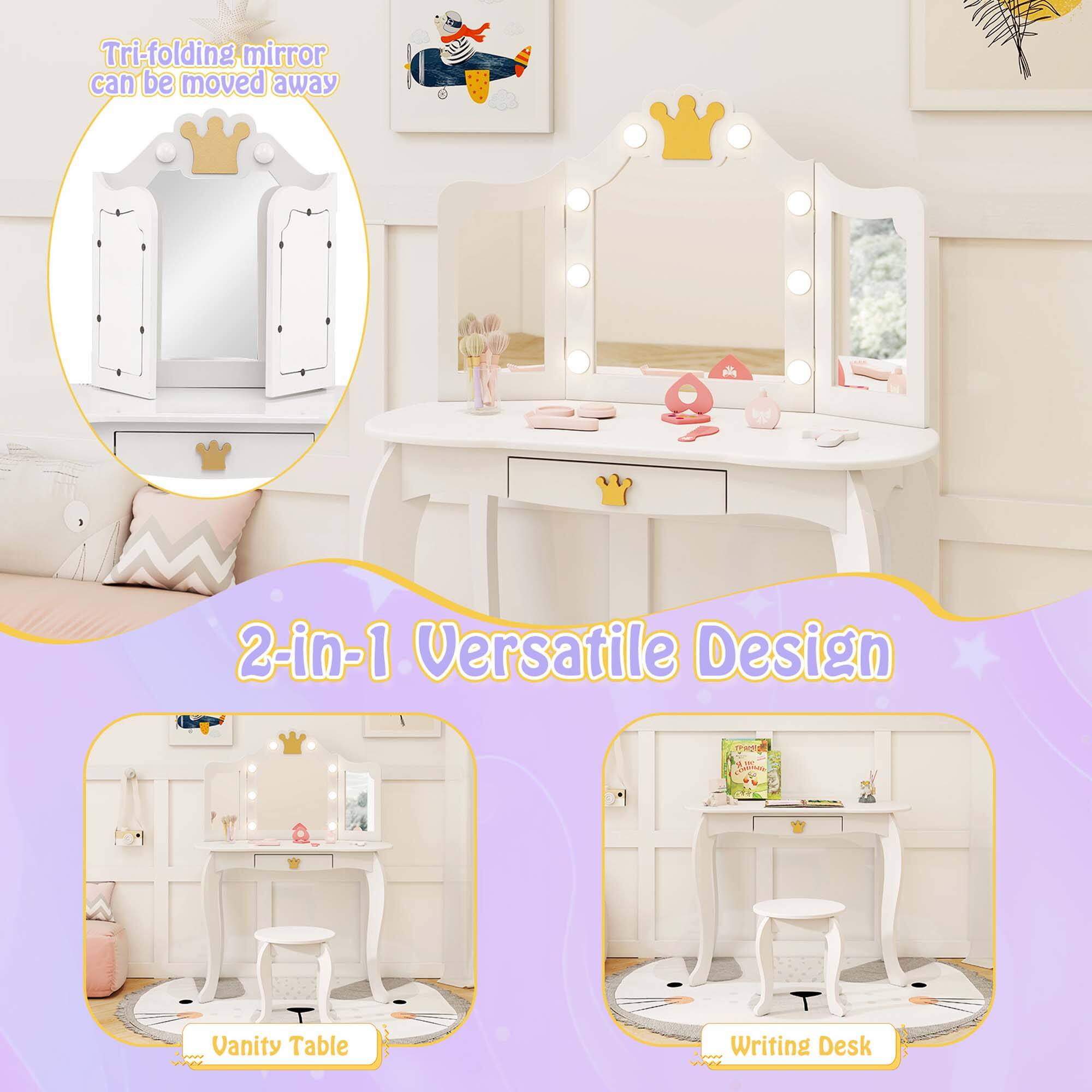 Tri-folding mirror can be moved away. 2-in-1 Versatile Design Vanity Table Writing Desk.