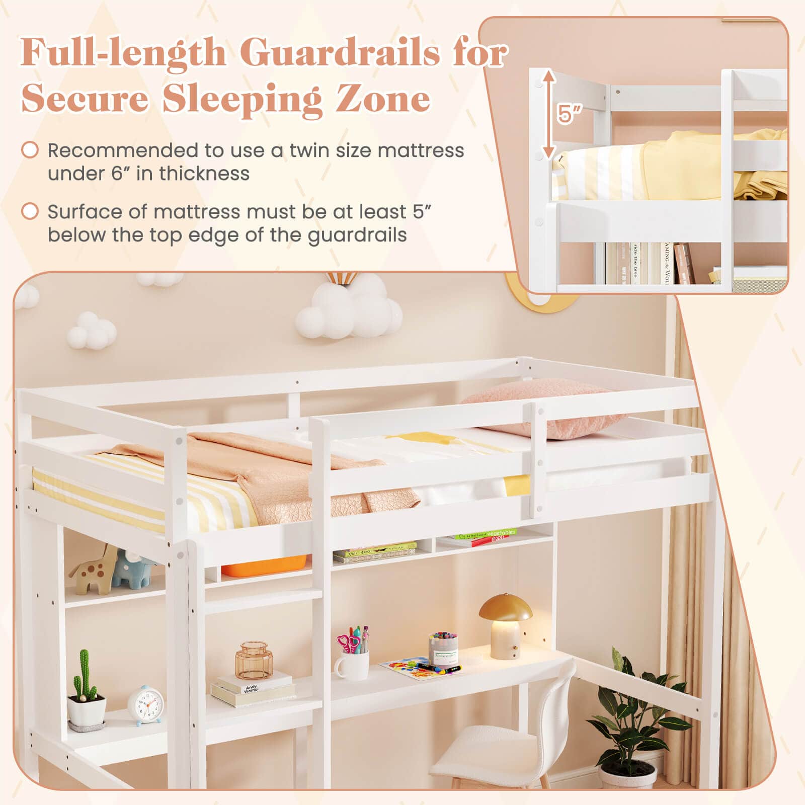 Costway Twin Size Loft Bed with Desk & Shelves Safety Guardrails