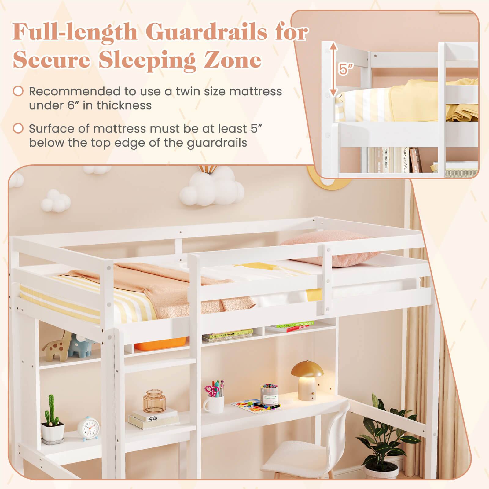 Full-length Guardrails for Secure Sleeping Zone: Recommended to use a twin size mattress under 6" in thickness. Surface of mattress must be at least 5" below the top edge of the guardrails.