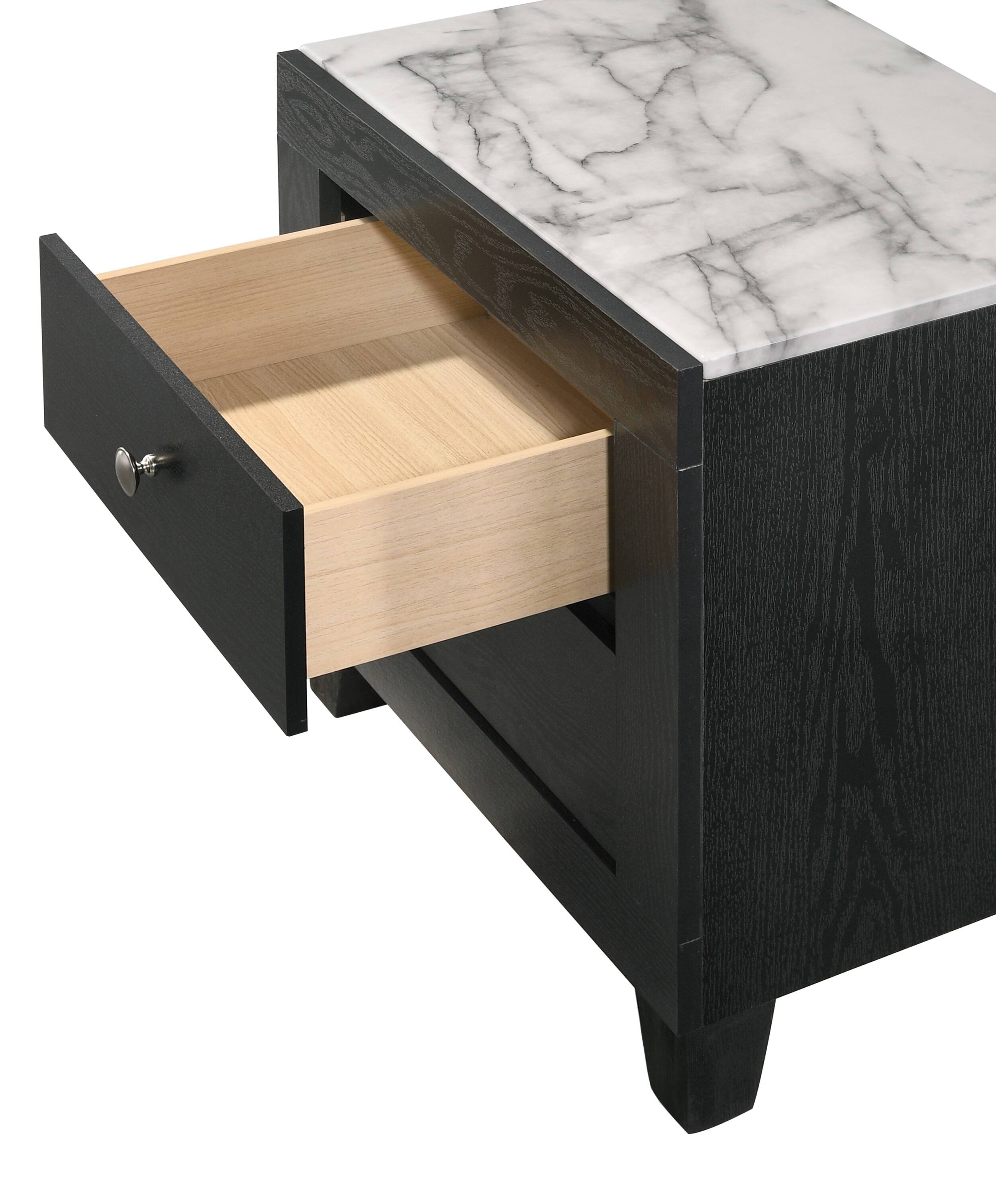 Angle. Tiramisubest - Contemporary White Faux Marble Top Nightstand with 2 Drawers, Black Finish - Black|White.