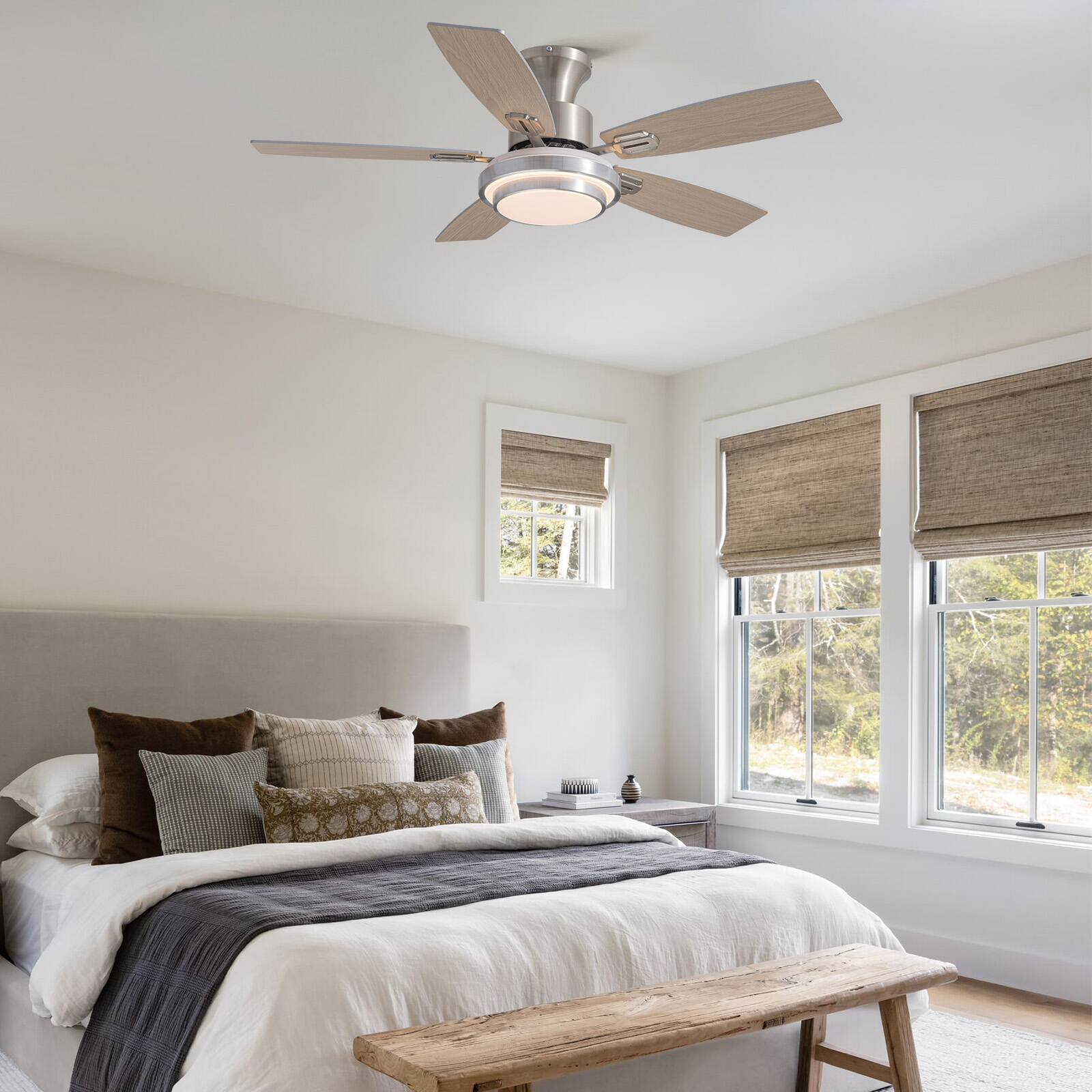 Alt View 8. Siljoy - 42 In Nickel Flush Mount Ceiling Fan with LED Lights Low Profile Design 5 Blades Dual Colors for Bedroom Living Room - Gloss Nickel.