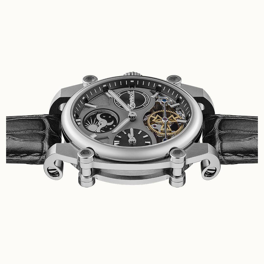Back. Ingersoll - The Varsity Sun And Moon Phase Automatic 22 Jewels I15402 Mens Watch Leather Strap Skeleton Grey Dial - Grey.