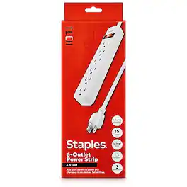 Staples TECH - 6-Outlet Power Strip, 6' Cord, 3/Pack - White