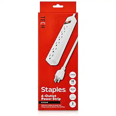 TECH
Staples
6-Outlet Power Strip
15 AMP 1875W
3M Cord
Features:
- Automatic circuit breaker
- 6 outlets
- 3M cord
Additional Info:
- UL Listed
- 1 Year Warranty