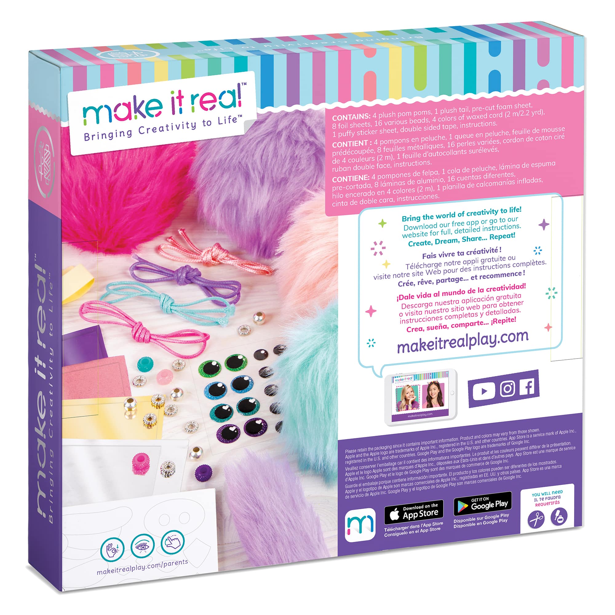 Make It Real! Bringing Creativity to Life!
Make It Real! is a creative play kit that includes various beads, colors of sheets, tape, and instructions. The kit contains pre-cut plush pom poms, waxed cord, and a double-sided mousse puffy sticker sheet. The box also contains different types of beads, aluminum, and pre-cut crafting sheets. The kit is designed to bring creativity to life and provide hours of fun and learning for children.
The Make It Real! kit is available for purchase at makeitrealplay.com, where you can also find detailed instructions and a free app to enhance your creative play experience. Share your creations and repeat the process of creating, dreaming, and living creativity!