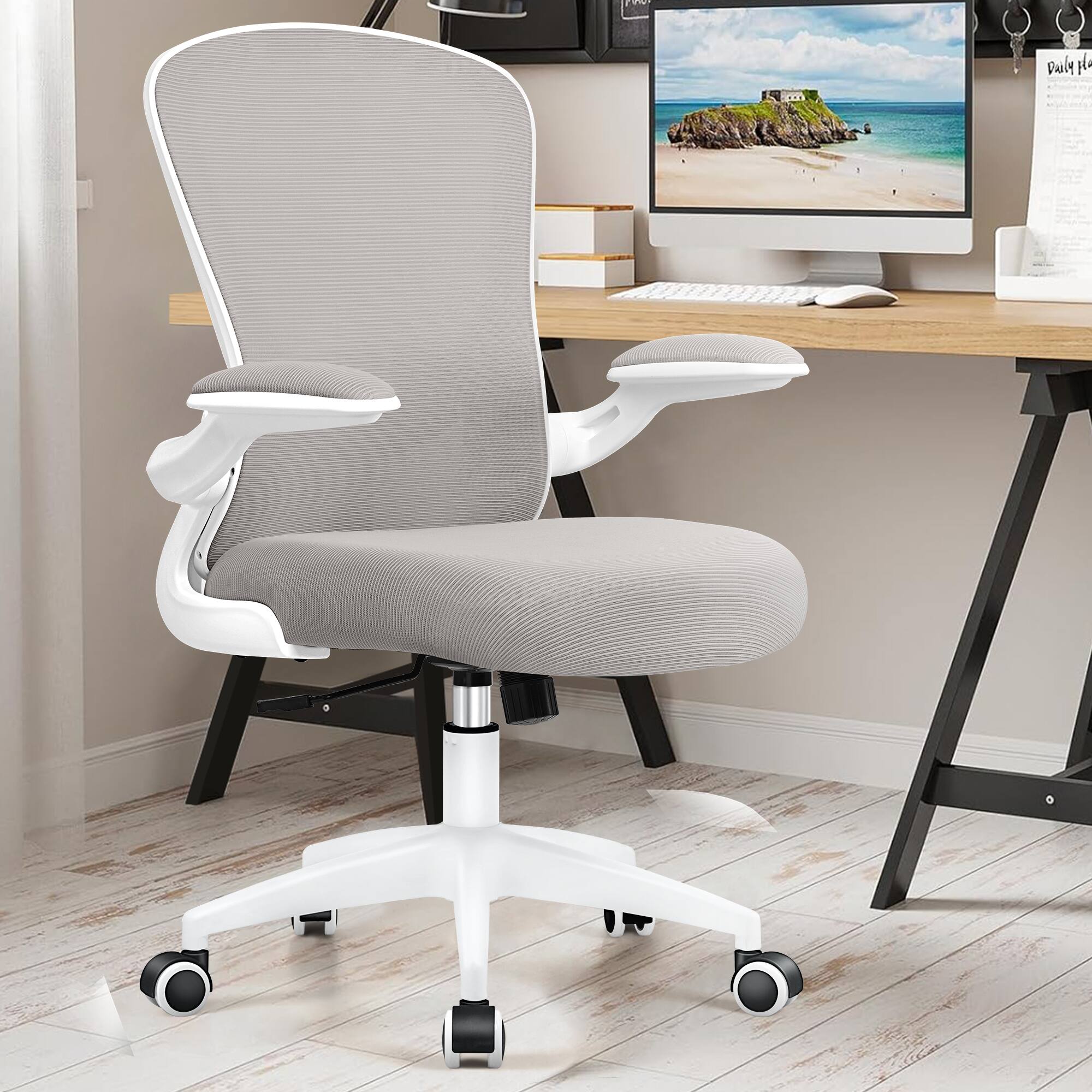 Left. Brick Attic - Office Desk Chairs, Ergonomic Swivel PC Desk Chair with Wheels Mesh Backrest, Adjustable Lumbar Support and Height - Light Grey.
