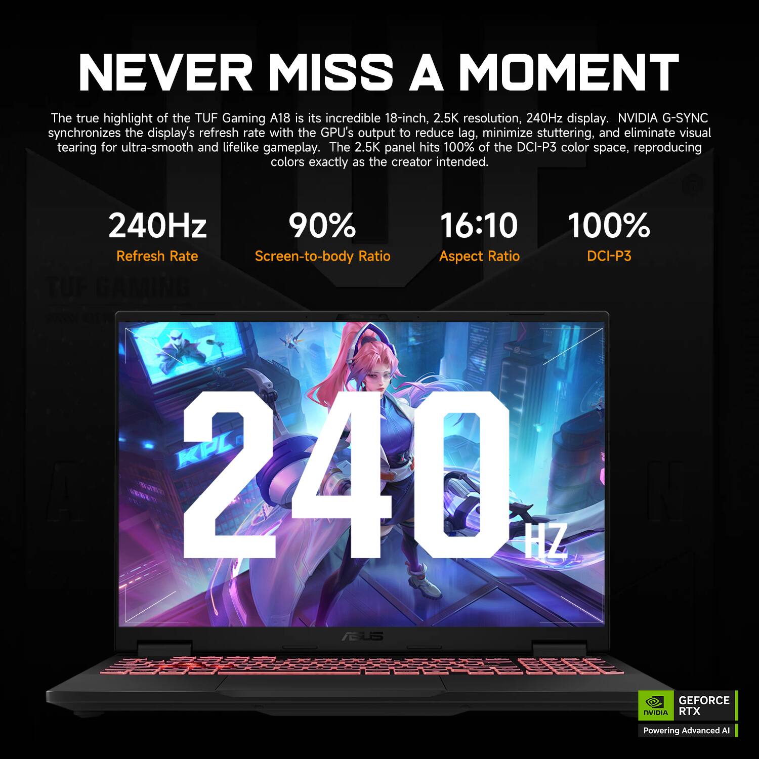 NEVER MISS A MOMENT

The true highlight of the TUF Gaming A18 is its incredible 18-inch, 2.5K resolution, 240Hz display. NVIDIA G-SYNC synchronizes the display's refresh rate with the GPU's output to reduce lag, minimize stuttering, and eliminate visual tearing for ultra-smooth and lifelike gameplay. The 2.5K panel hits 100% of the DCI-P3 color space, reproducing colors exactly as the creator intended.

240Hz  
Refresh Rate

90%  
Screen-to-body Ratio

16:10  
Aspect Ratio

100%  
DCI-P3

240Hz

GEFORCE RTX  
Powering Advanced AI