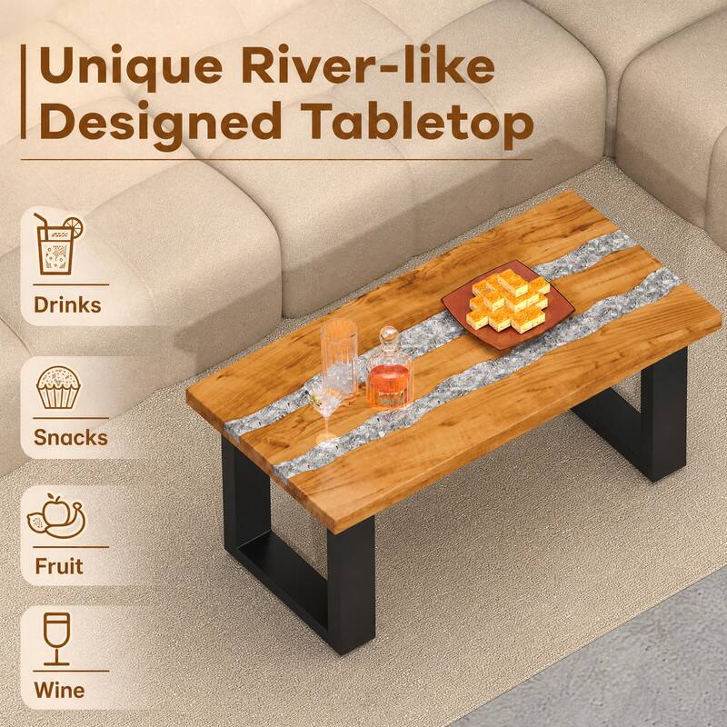 Unique River-like Designed Tabletop

Drinks  
Snacks  
Fruit  
Wine