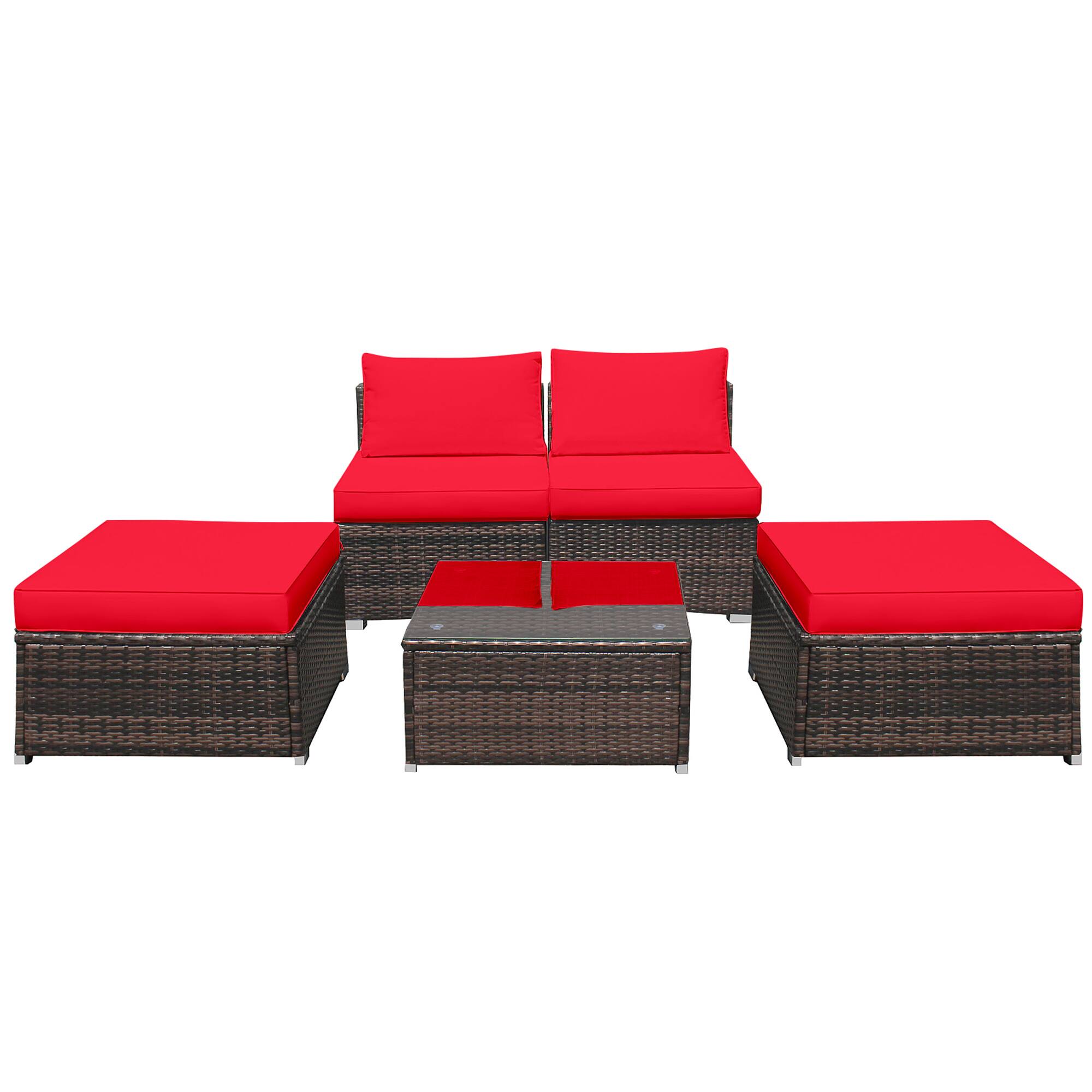 Alt View 1. Gymax - Gymax 5PCS Outdoor Patio Furniture Set w/ Coffee Table Ottoman Red Cushion - as pic.
