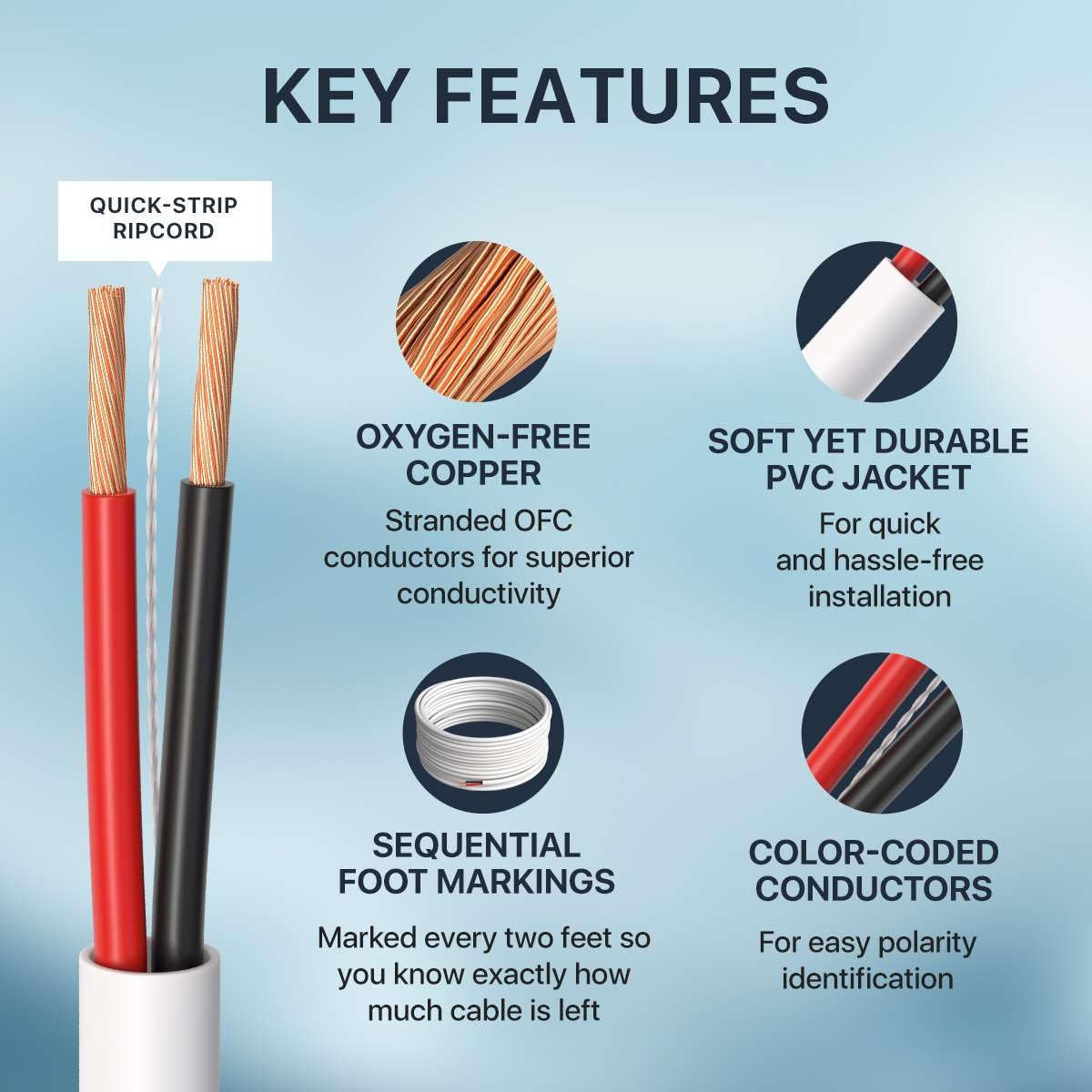 KEY FEATURES

- QUICK-STRIP RIPCORD
- OXYGEN-FREE COPPER
  - Stranded OFC conductors for superior conductivity
- SOFT YET DURABLE PVC JACKET
  - For quick and hassle-free installation
- SEQUENTIAL FOOT MARKINGS
  - Marked every two feet so you know exactly how much cable is left
- COLOR-CODED CONDUCTORS
  - For easy polarity identification