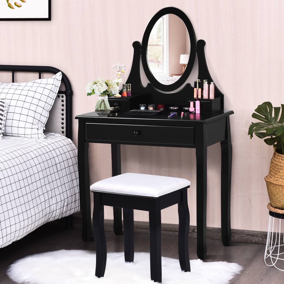 Alt View 1. Costway - Costway Wooden Vanity Makeup Dressing Table Stool Set bathroom - black.