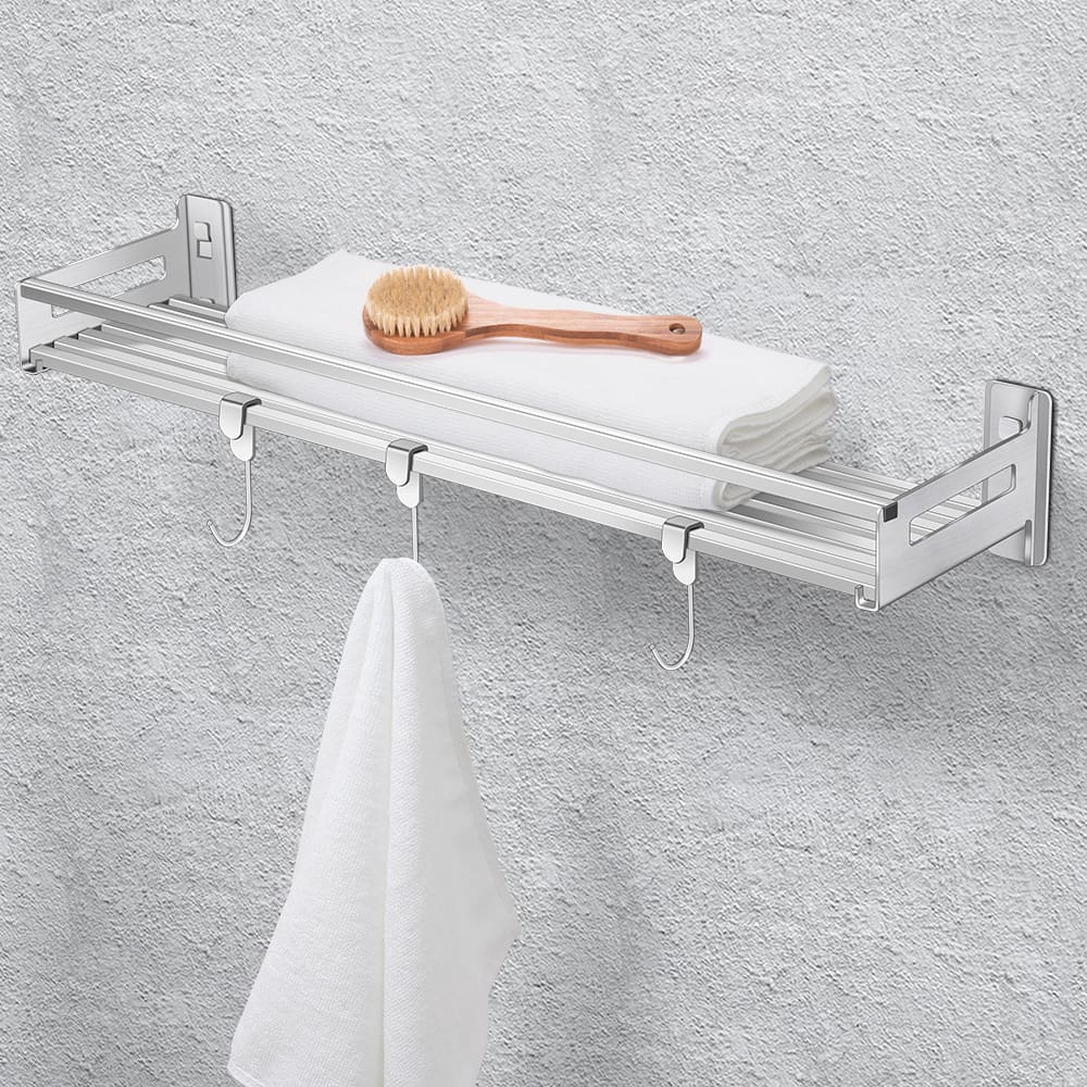 Oumilen - 23.5 Inch Wall Mount Shelf, 304 Stainless Steel Shower Organizer with 3 Removable Hooks for Bathroom Kitchen - Silver