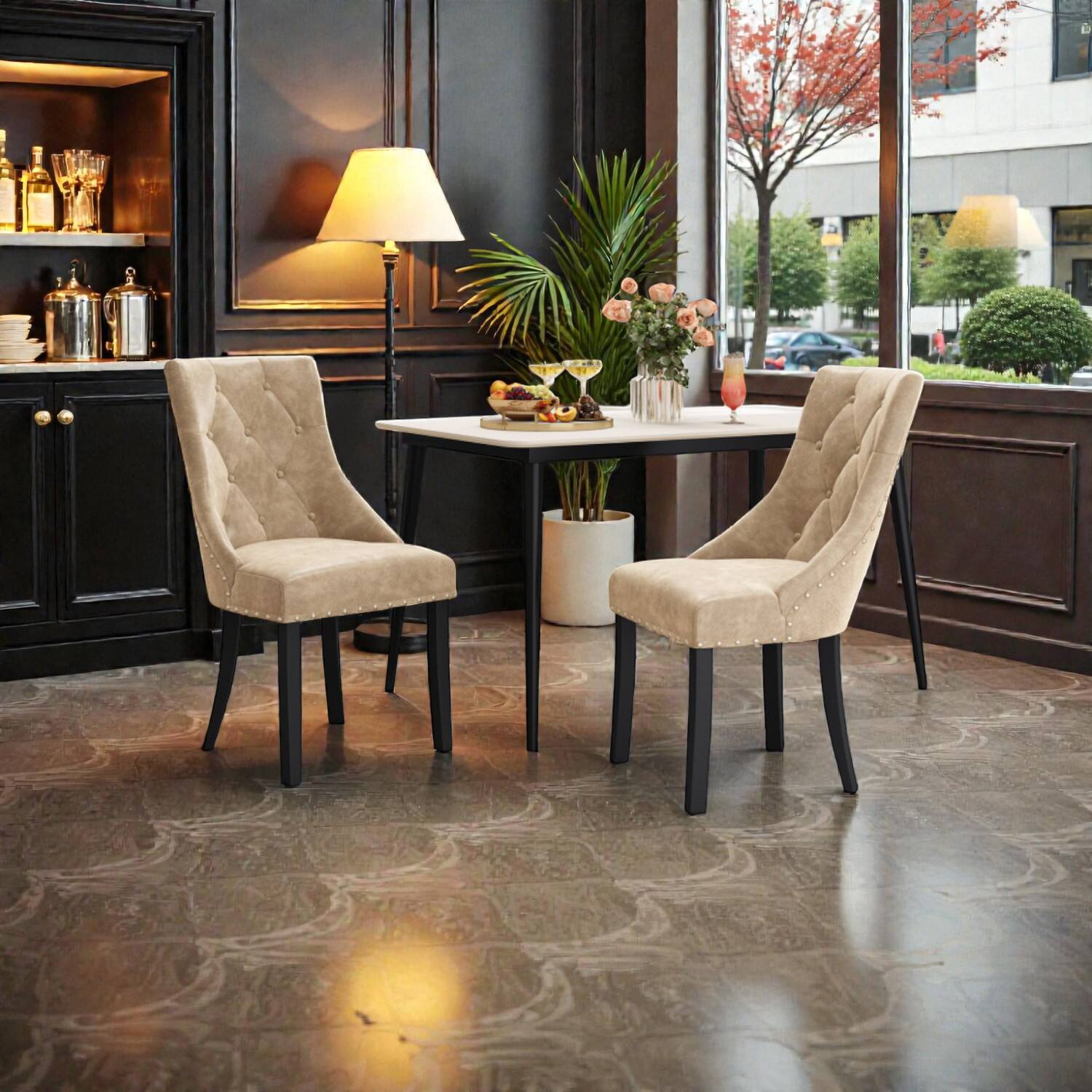 Front. Hivvago - Upholstered Wingback Dining Chair Set of 2 with Elegant Tufting - Light Brown.