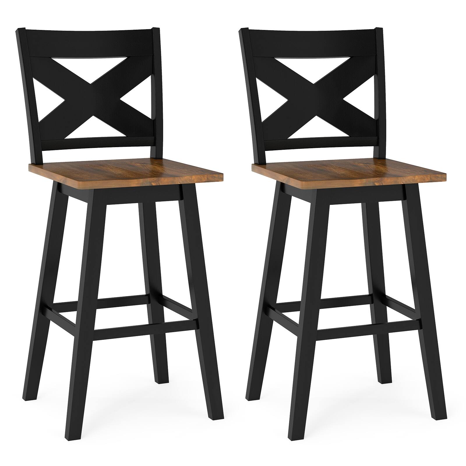 Front. Gymax - Gymax 29'' Swivel Barstools Set of 2 w/Backrest Large Seat Footrest for Kitchen Island Black & Walnut - Black.