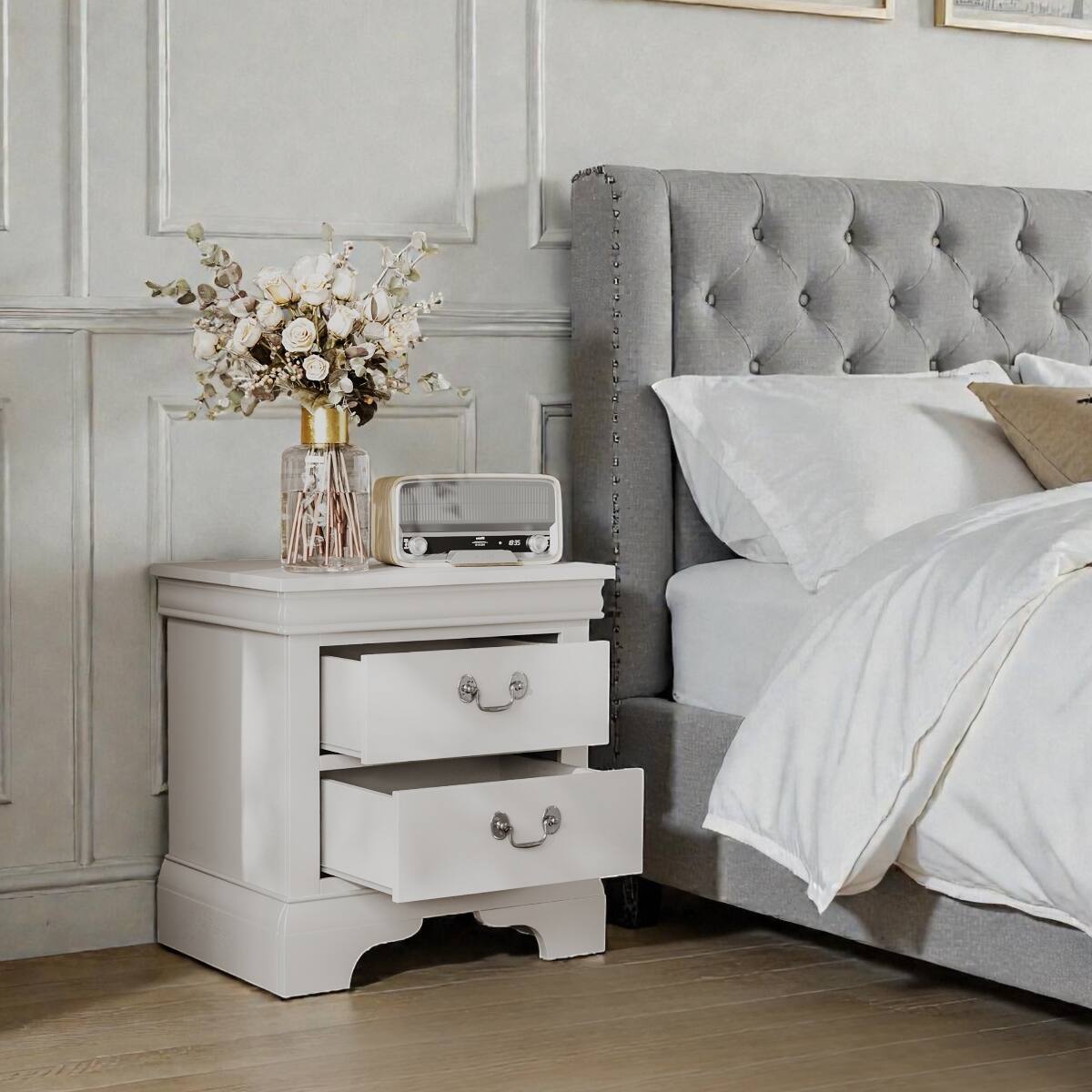 Alt View 9. Loheer - Loheer White Wooden Nightstand, Two Drawers, Classic Style - White.