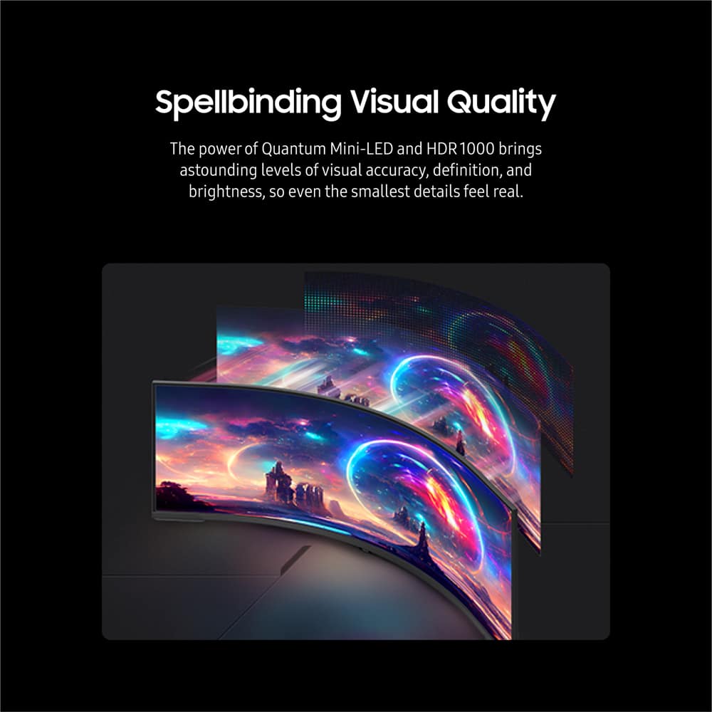 The image showcases the spellbinding visual quality of a Quantum Mini-LED and HDR1000 display. This technology brings astounding levels of visual accuracy, definition, and brightness, making even the smallest details feel real. The image features a large screen with a vibrant color palette, emphasizing the capabilities of the display.