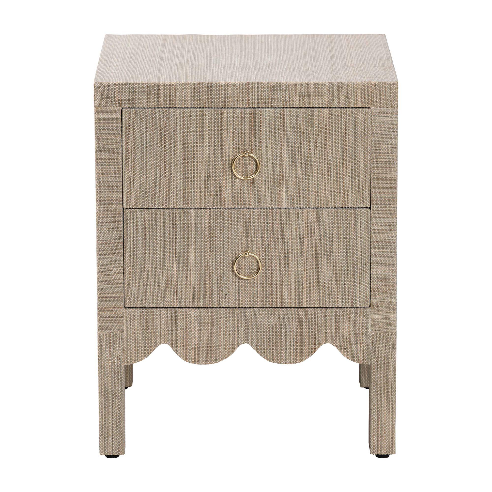 Left. bali & pari - Juniper Grasscloth Nightstand with Scalloped Base - Woven Texture 2-Drawer Bedside Table with Gold Ring Pulls - Beige/Gold.