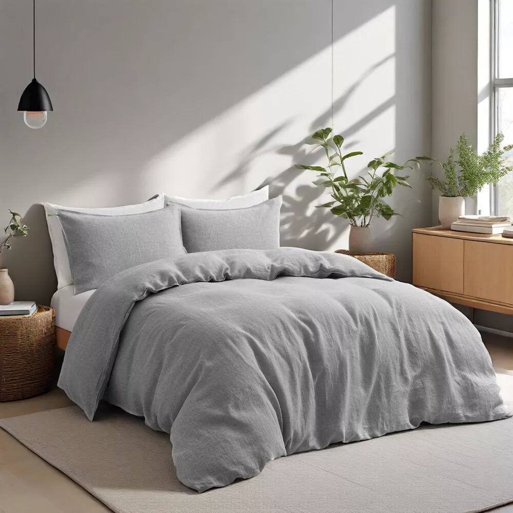 Angle. Peace Nest - Peace Nest Linen Cotton Blend Duvet Cover Set - Dark Gray.