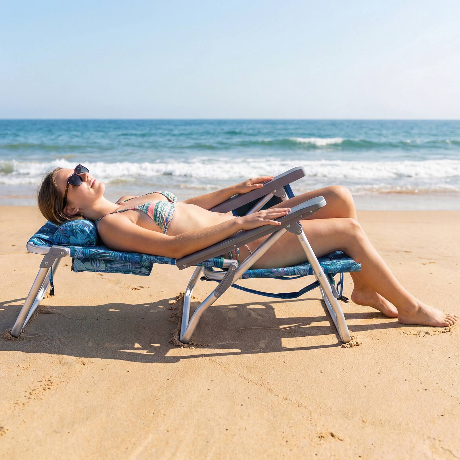 Alt View 3. Costway - Costway 2PCS Beach Chairs with 5-Position Backrest & Padded Headrest, Cup Holder & Ice Bag - Palm Tree Green.