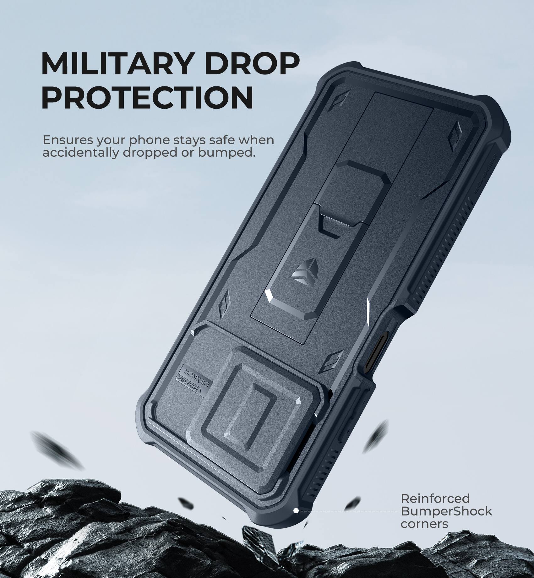 MILITARY DROP PROTECTION  
Ensures your phone stays safe when accidentally dropped or bumped.  

Reinforced BumperShock corners
