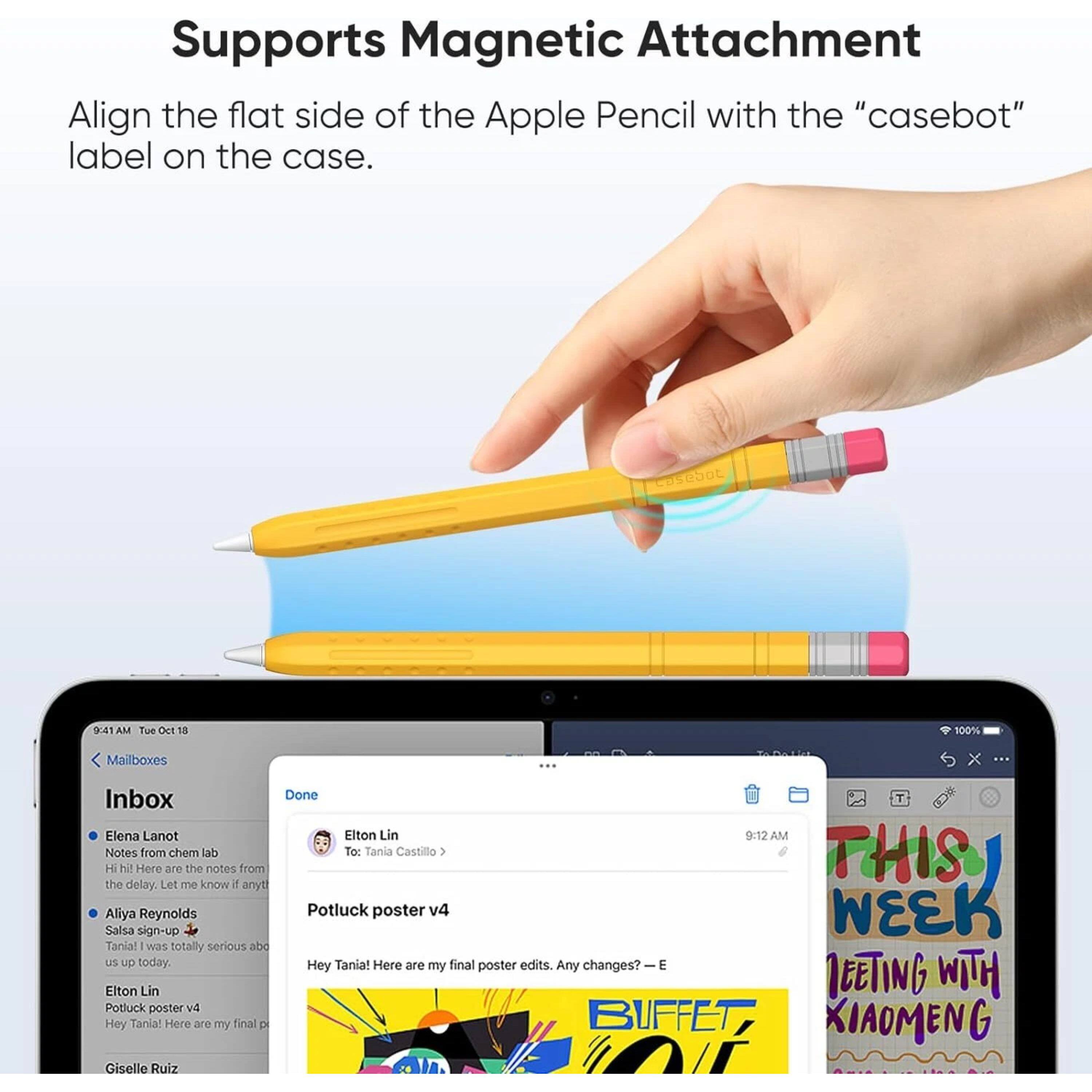 Supports Magnetic Attachment  
Align the flat side of the Apple Pencil with the "casebot" label on the case.

aseSot 0:41 AM Tue Oct 18 100%  
Mailboxes x Inbox  
Elena Lanot  
Notes from chem lab  
Hi hi! Here are the notes from the delay. Let me know anyt!  
Aliya Reynolds  
Salsa sign-up  
Tania! - was totally serious abc us up today  
Elton Lin  
Potluck poster v4  
Hey Tania! Here are my final poster edits. Any changes?  
E LEETING WTH BUFFET KIAOMENG