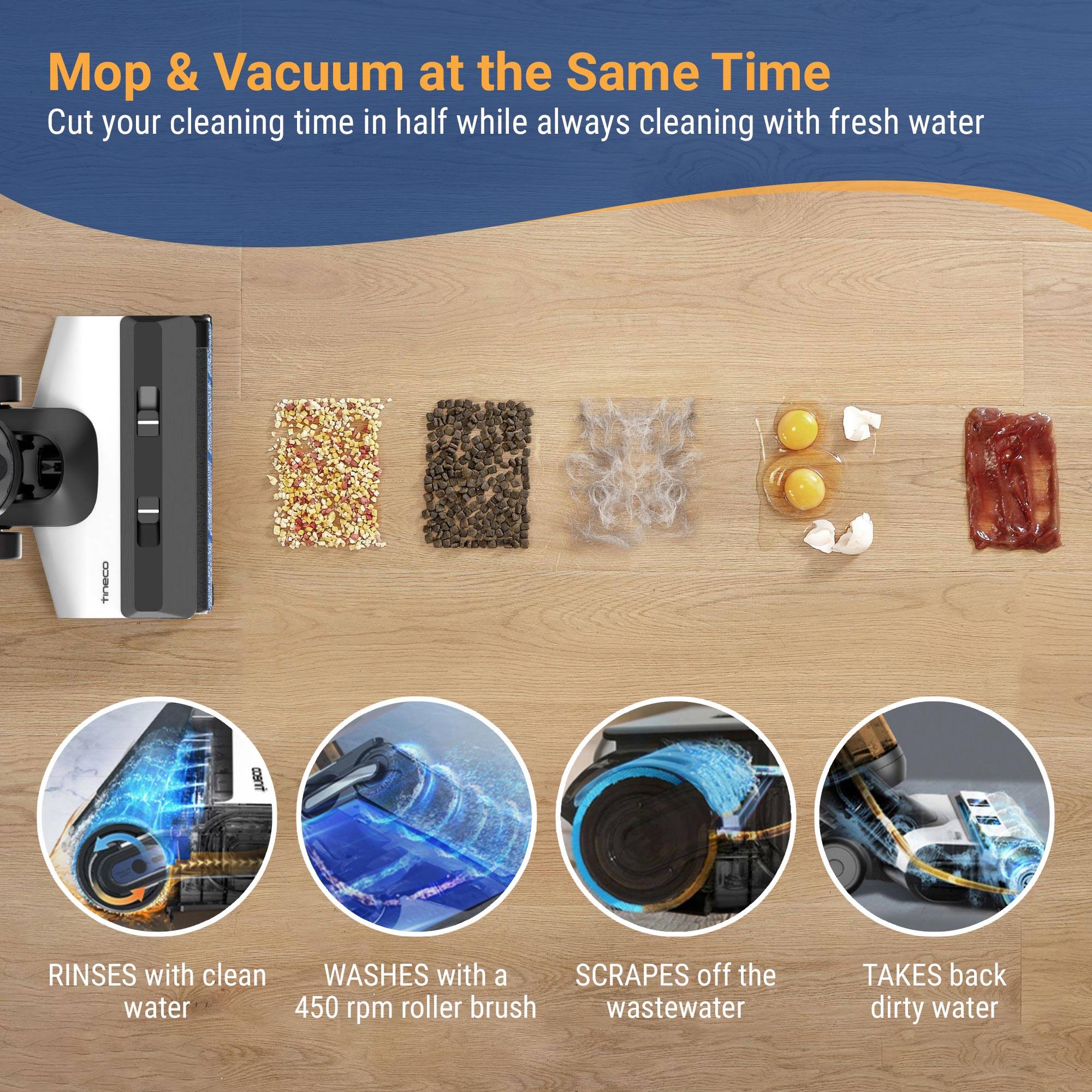 Mop & Vacuum at the Same Time  
Cut your cleaning time in half while always cleaning with fresh water  

- RINSES with clean water  
- WASHES with a 450 rpm roller brush  
- SCRAPES off the wastewater  
- TAKES back dirty water