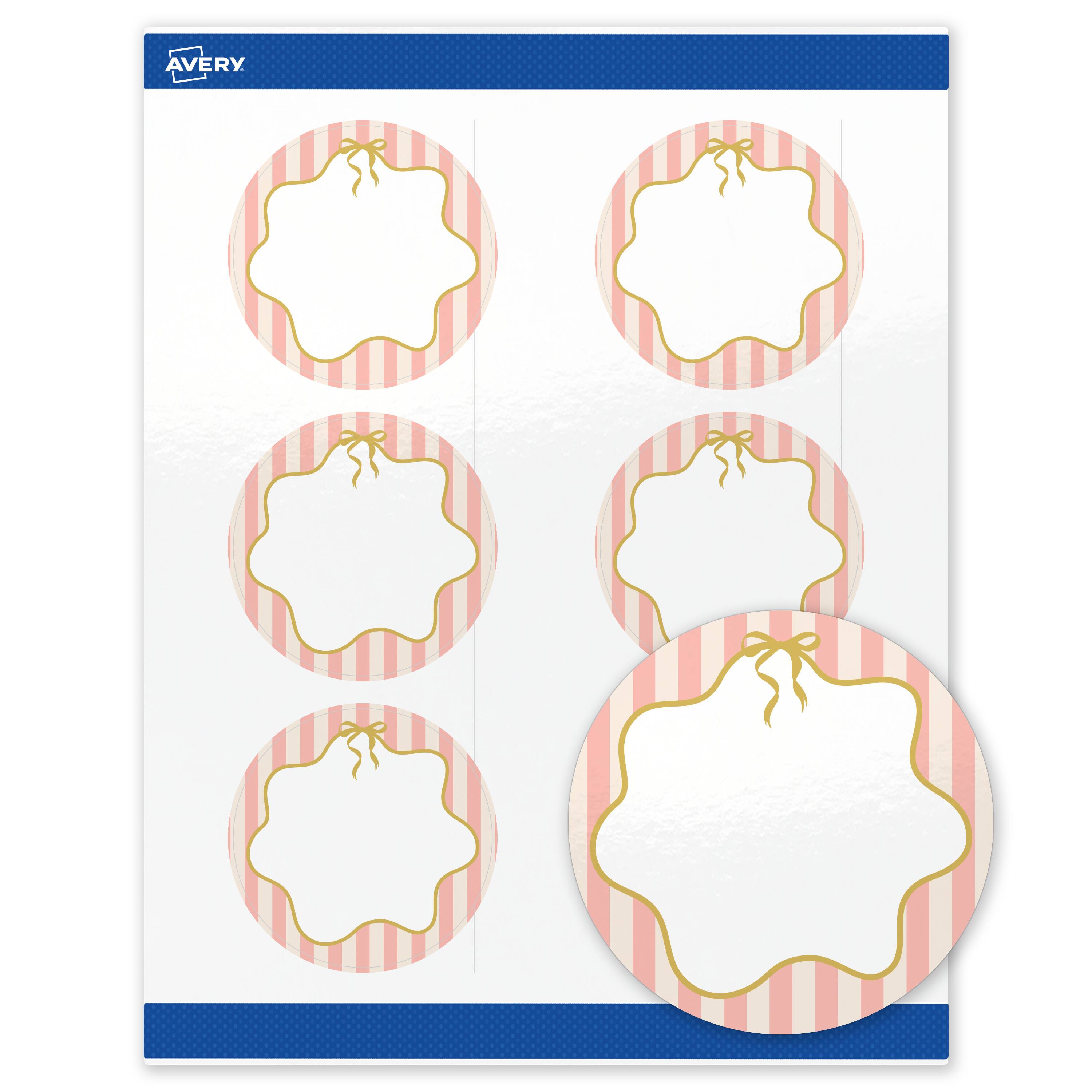 Front. Avery - Avery Labels, 3" Diameter, Glossy White, Pink Stripes/Gold Bow - White.