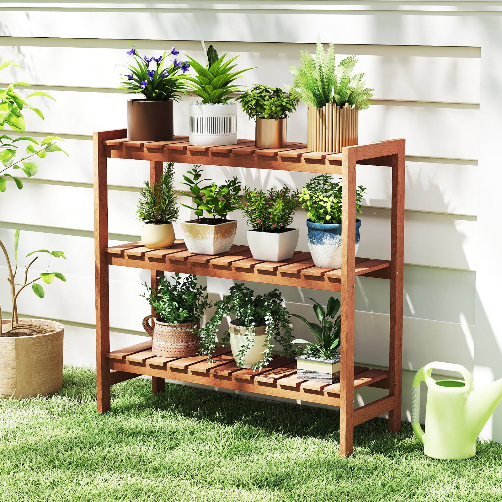 Alt View 8. Gymax - Gymax 3-Tier Solid Wood Plant Stand w/Slatted Shelves Take Oil Finish Indoor Outdoor - Natural.