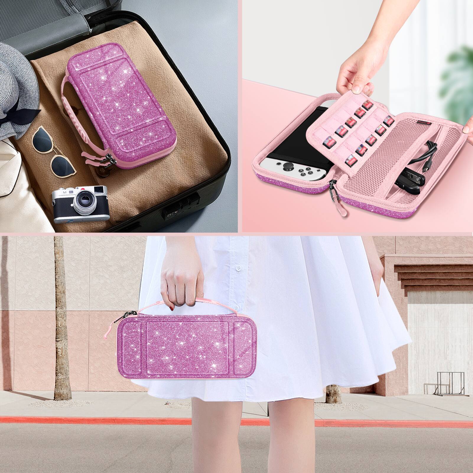 Alt View 5. Fintie - Carrying Case for Nintendo Switch (2017) / Nintendo Switch OLED Model (2021) Shockproof Portable Travel Storage Bag - Sparkly Purple.