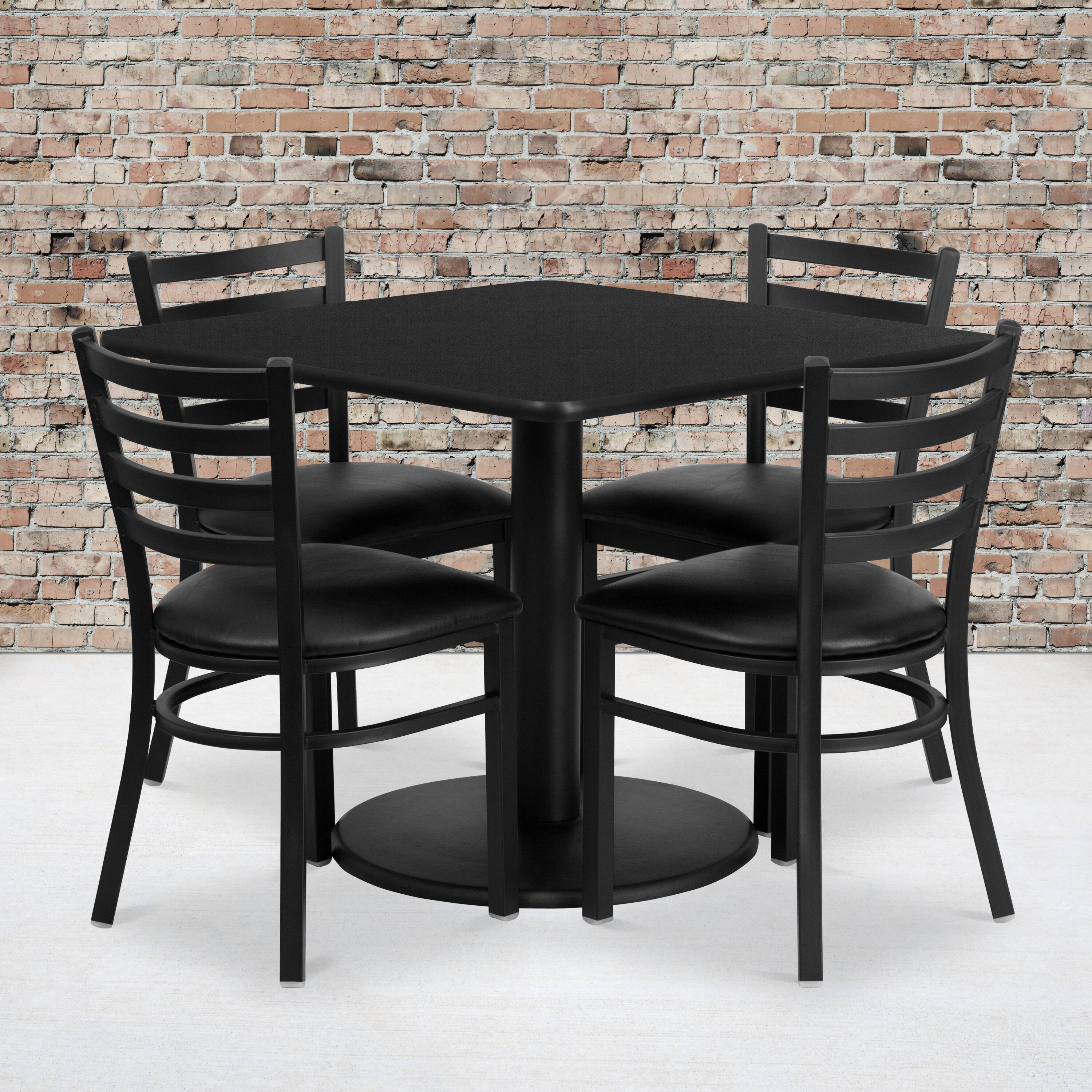 Alt View 1. Emma + Oliver - 36" Square Laminate Round Base Table Set with 4 Ladder Back Chairs - Black Top/Black Vinyl Seat.