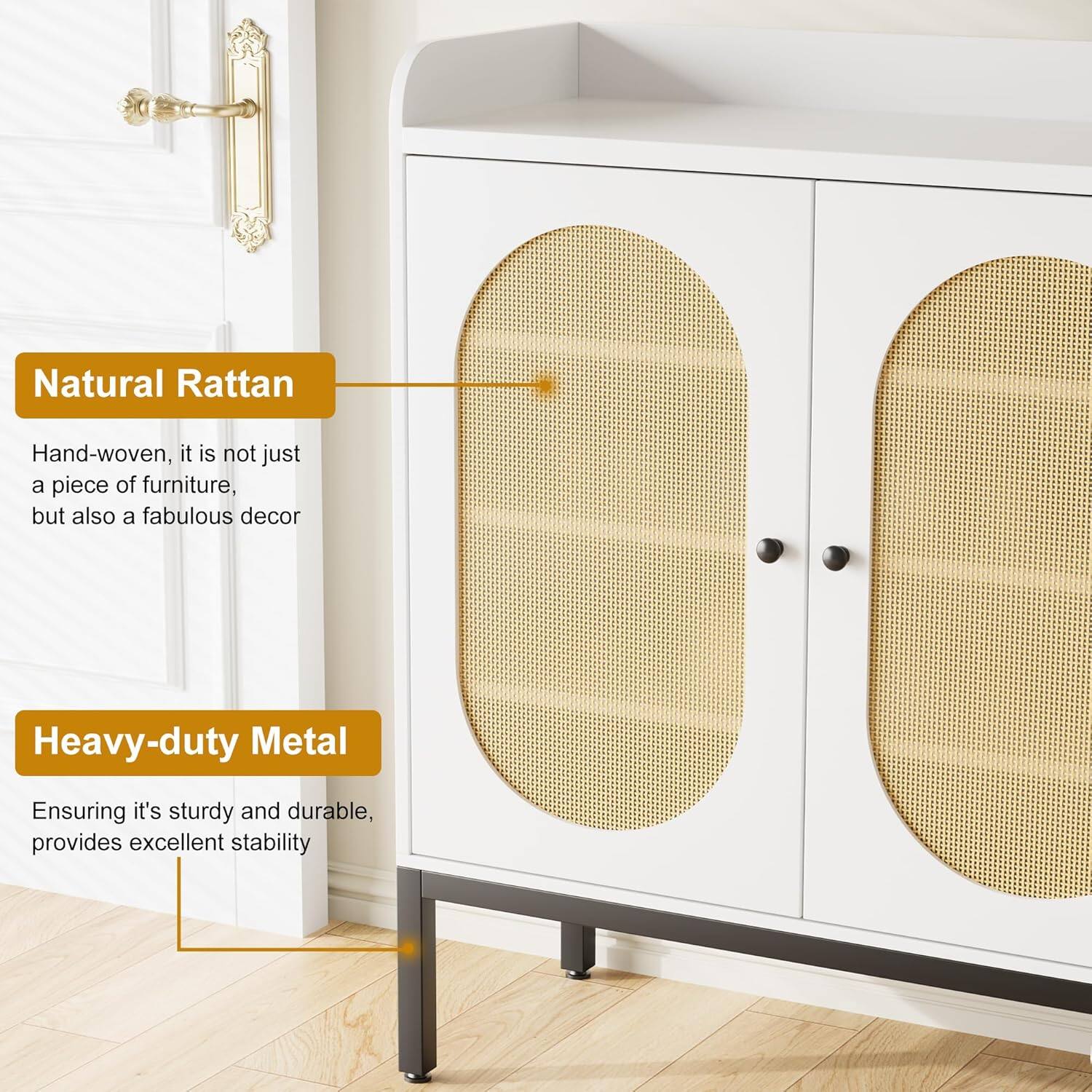 Natural Rattan  
Hand-woven, it is not just a piece of furniture, but also a fabulous decor  

Heavy-duty Metal  
Ensuring it's sturdy and durable, provides excellent stability