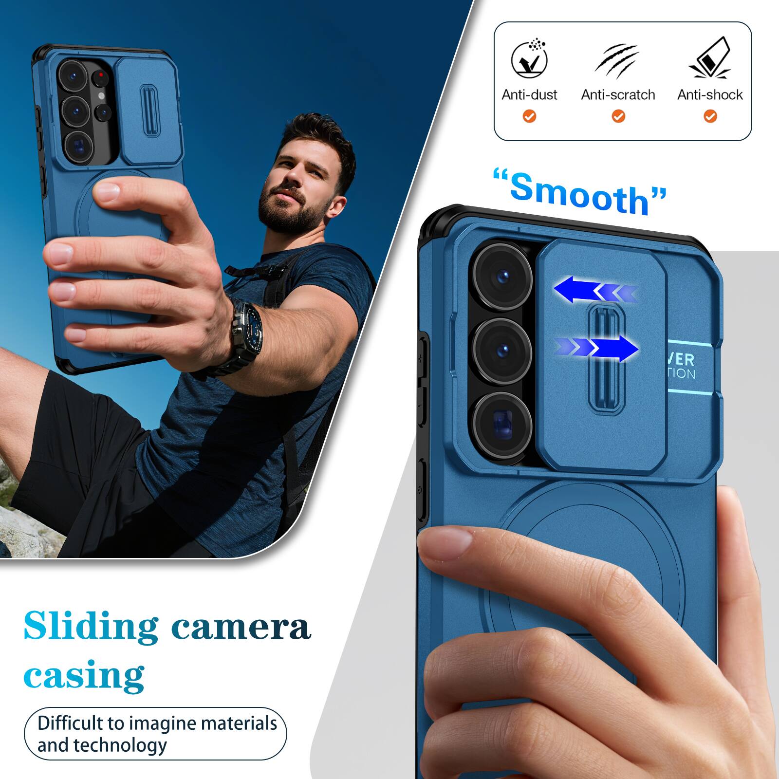 Anti-dust  
Anti-scratch  
Anti-shock  
"Smooth"  
Sliding camera casing  
Difficult to imagine materials and technology