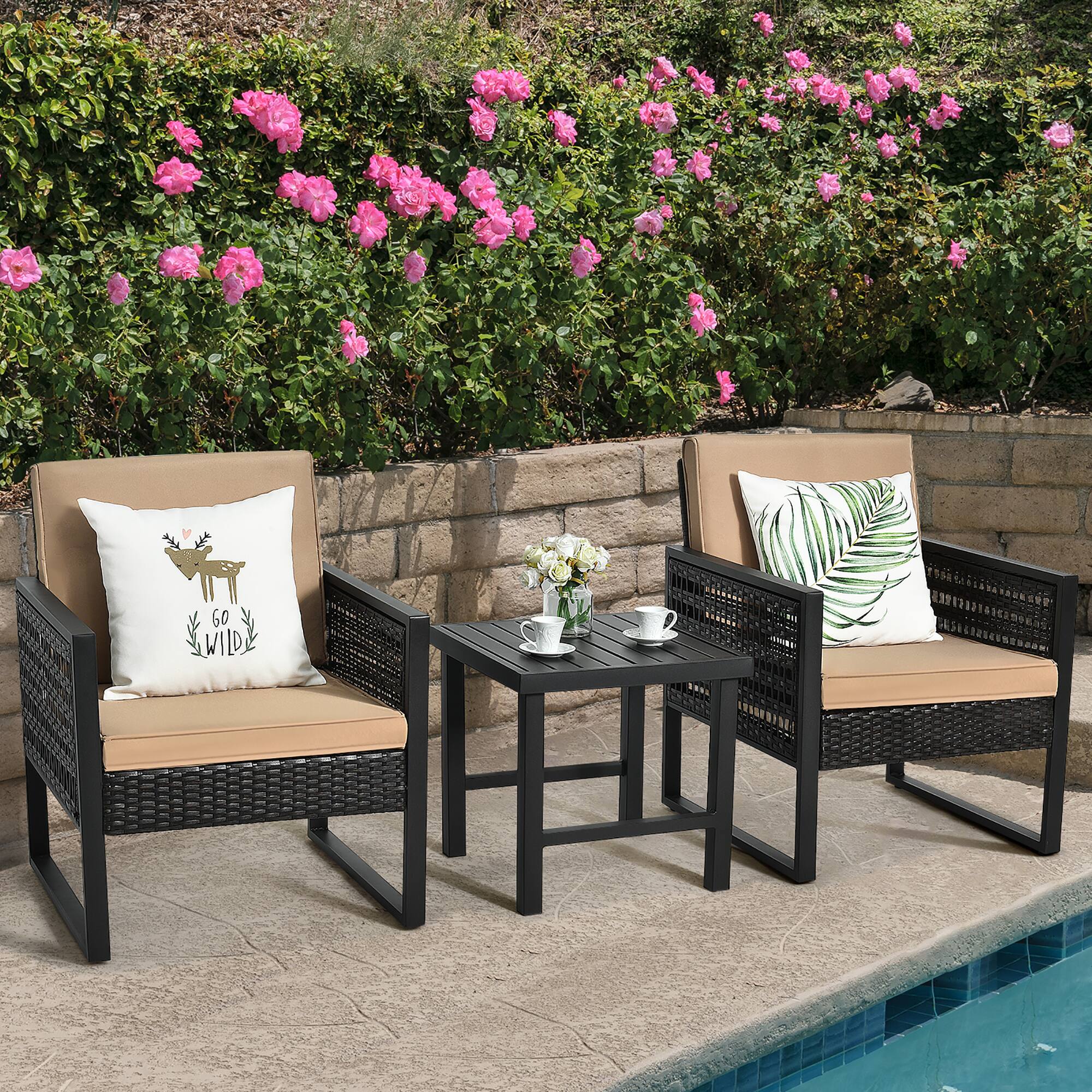 Alt View 4. Costway - Costway 3PCS Patio Rattan Bistro Furniture Set Cushioned Sofa Chair Coffee Table Garden - Brown.