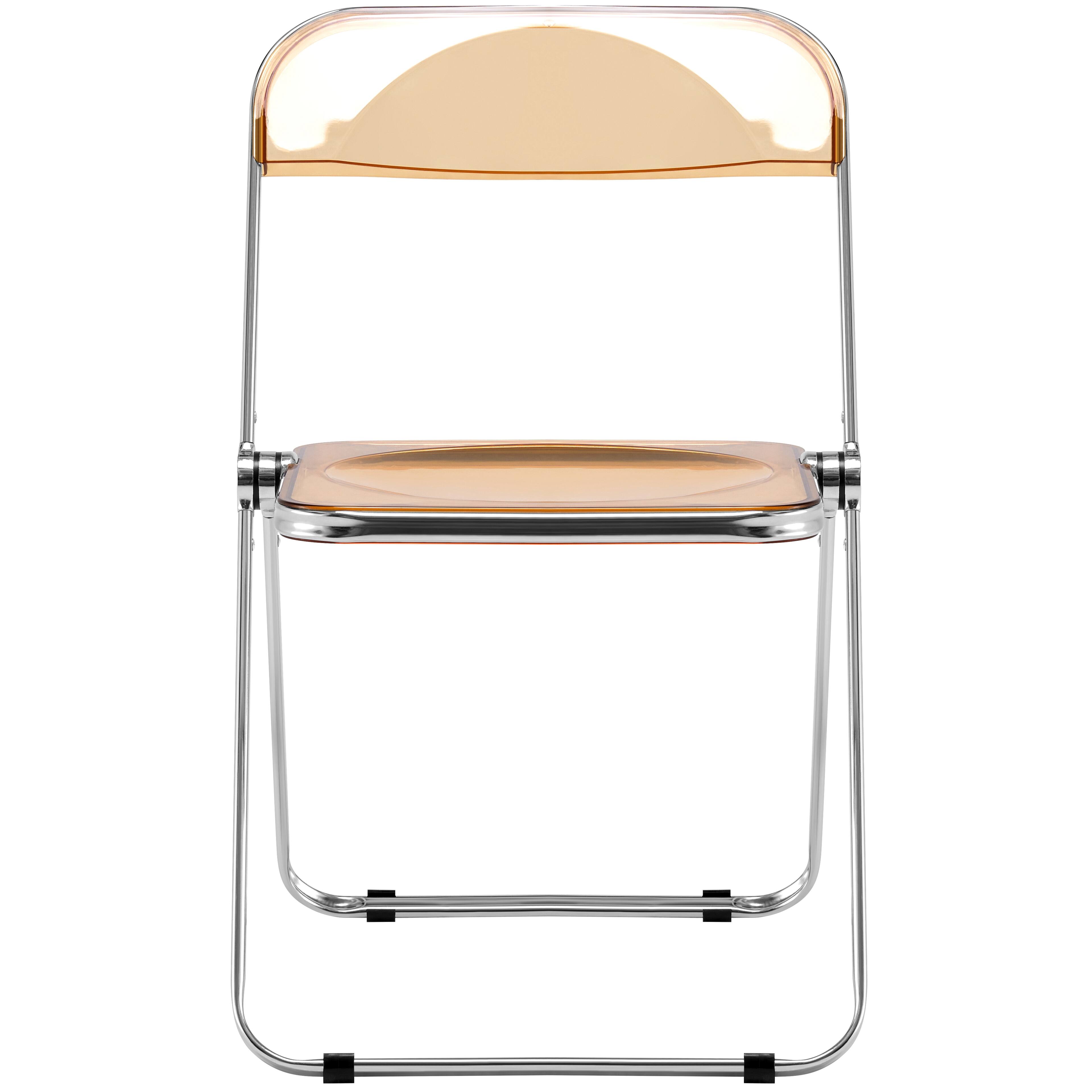 Alt View 2. LeisureMod - Lawrence Modern Clear Acrylic Folding Chair with Chrome Steel Frame, Fully Assembled Portable Dining Seat - Amber.