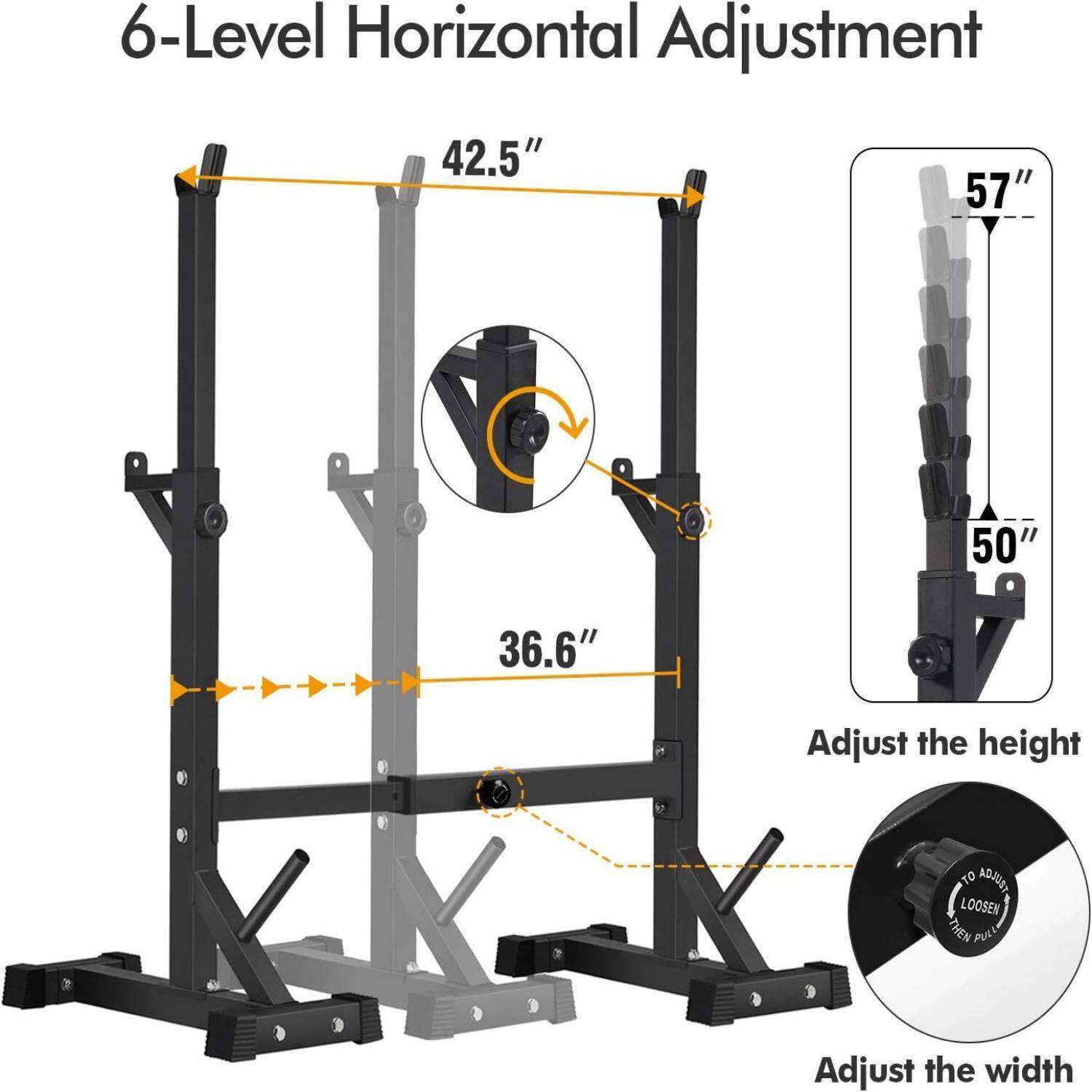 6-Level Horizontal Adjustment

42.5"  
36.6"  
57"  
50"

Adjust the height  
Adjust the width

TO ADJUST  
LOOSEN  
THEN PULL