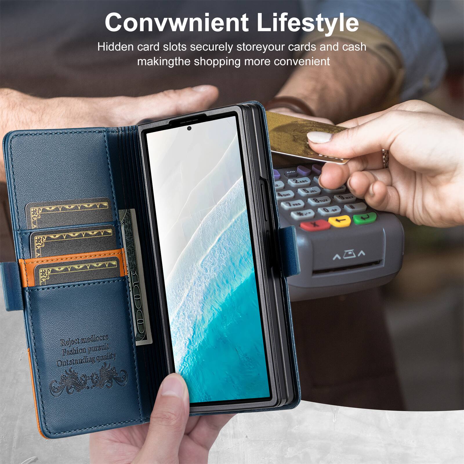 Convenient Lifestyle  
Hidden card slots securely store your cards and cash making the shopping more convenient  

Reject mediocre Fashion pursuit Outstanding quality